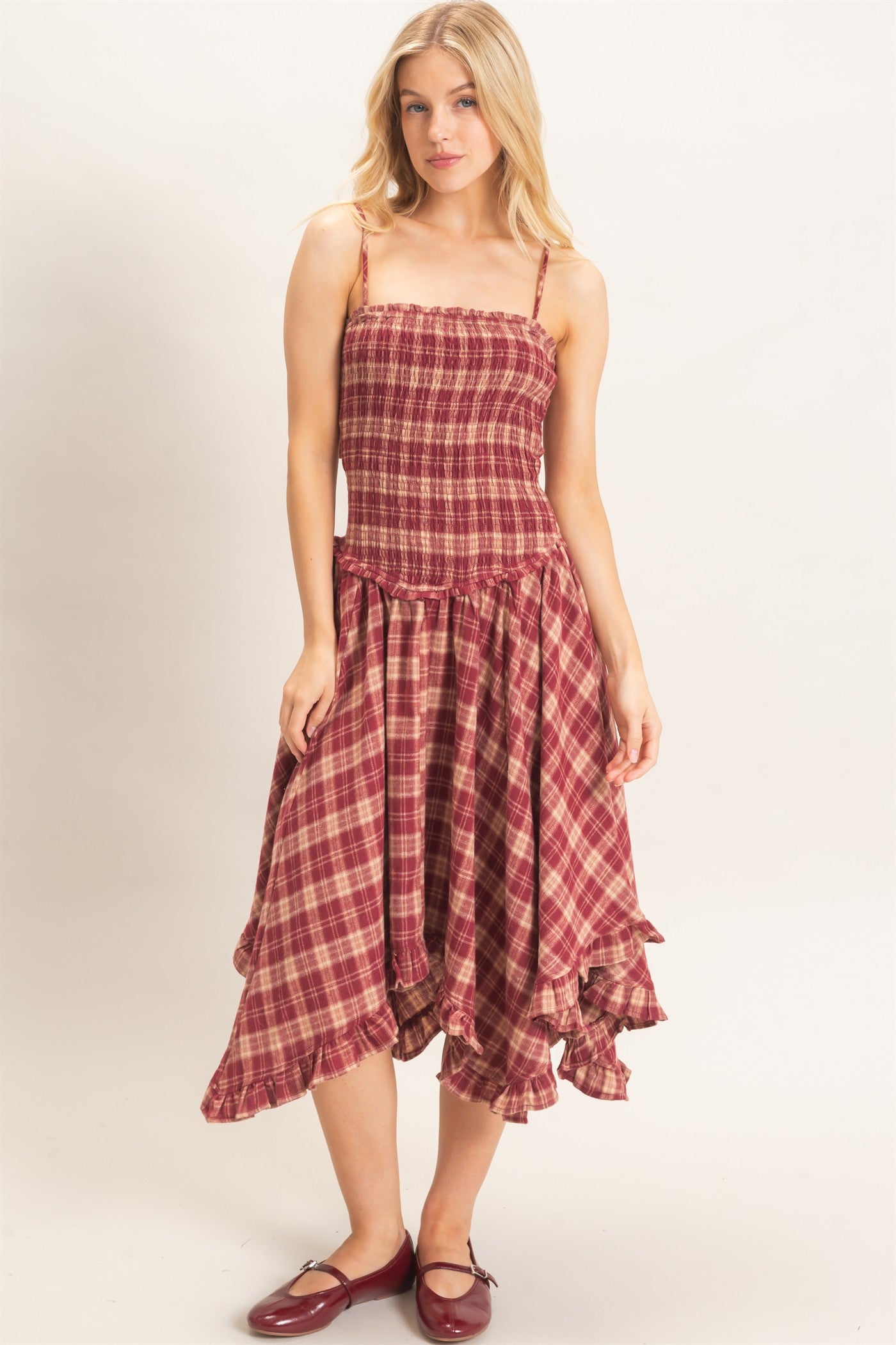 Wholesale Plaid Smocked Spaghetti Strap Dress Dresses HF26F211 BURGUNDY HYFVE