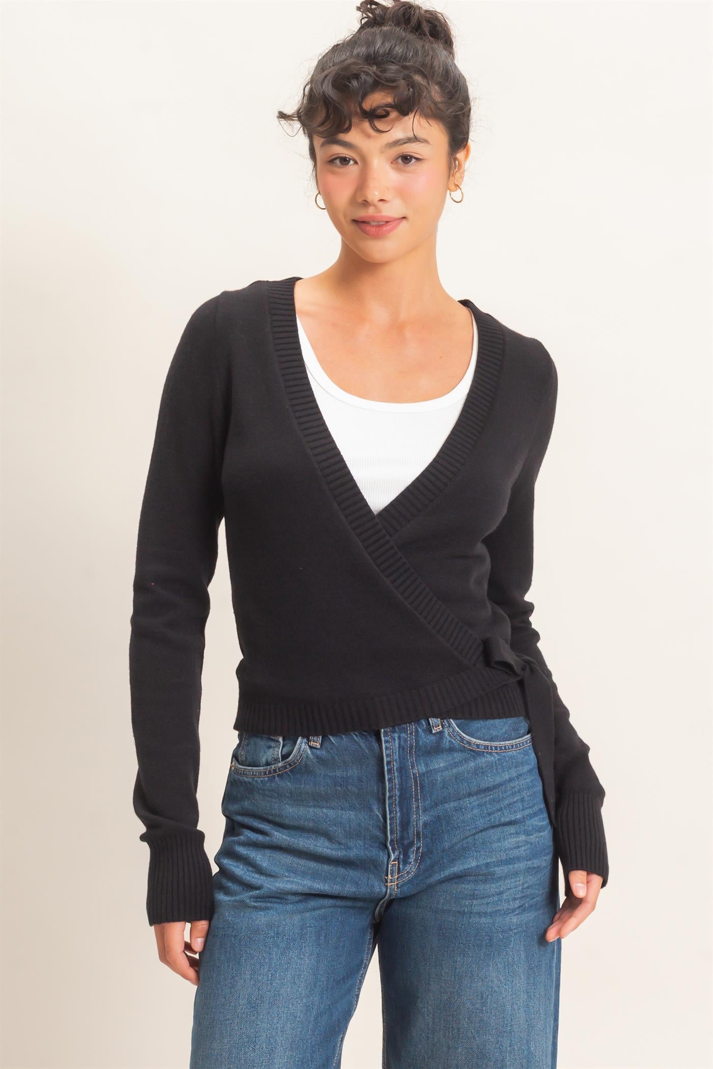 Wholesale Wrap Knit Cardigan Sweaters DZ26F393 BLACK DOUBLE ZERO