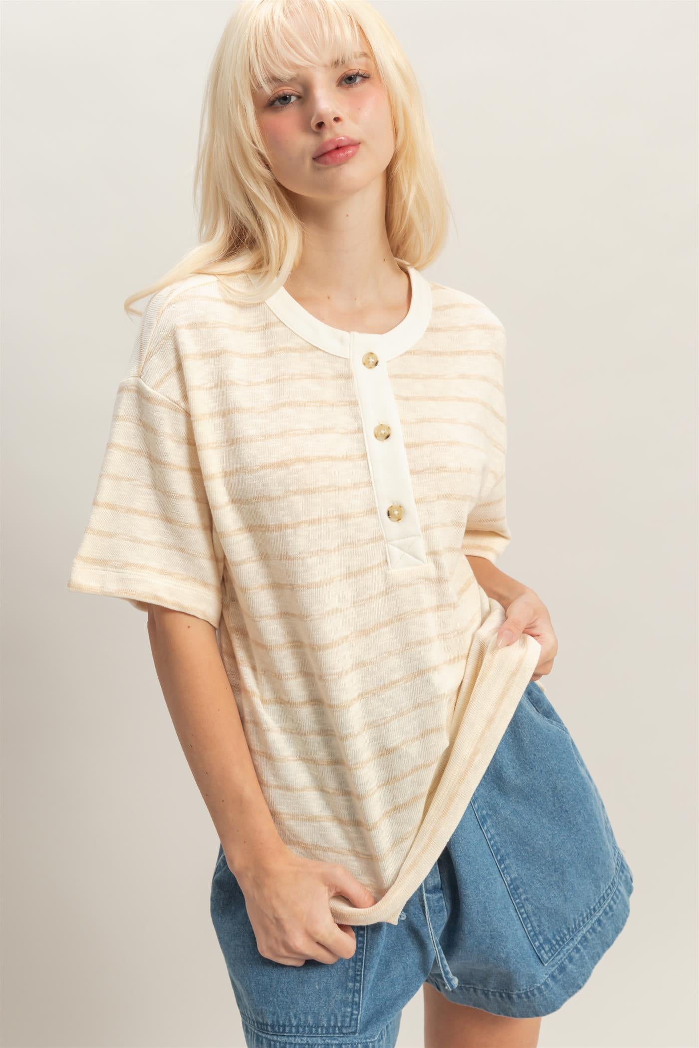 Wholesale Striped Short Sleeve Henley Top Clothing Tops DZ26A653 TAUPE DOUBLE ZERO