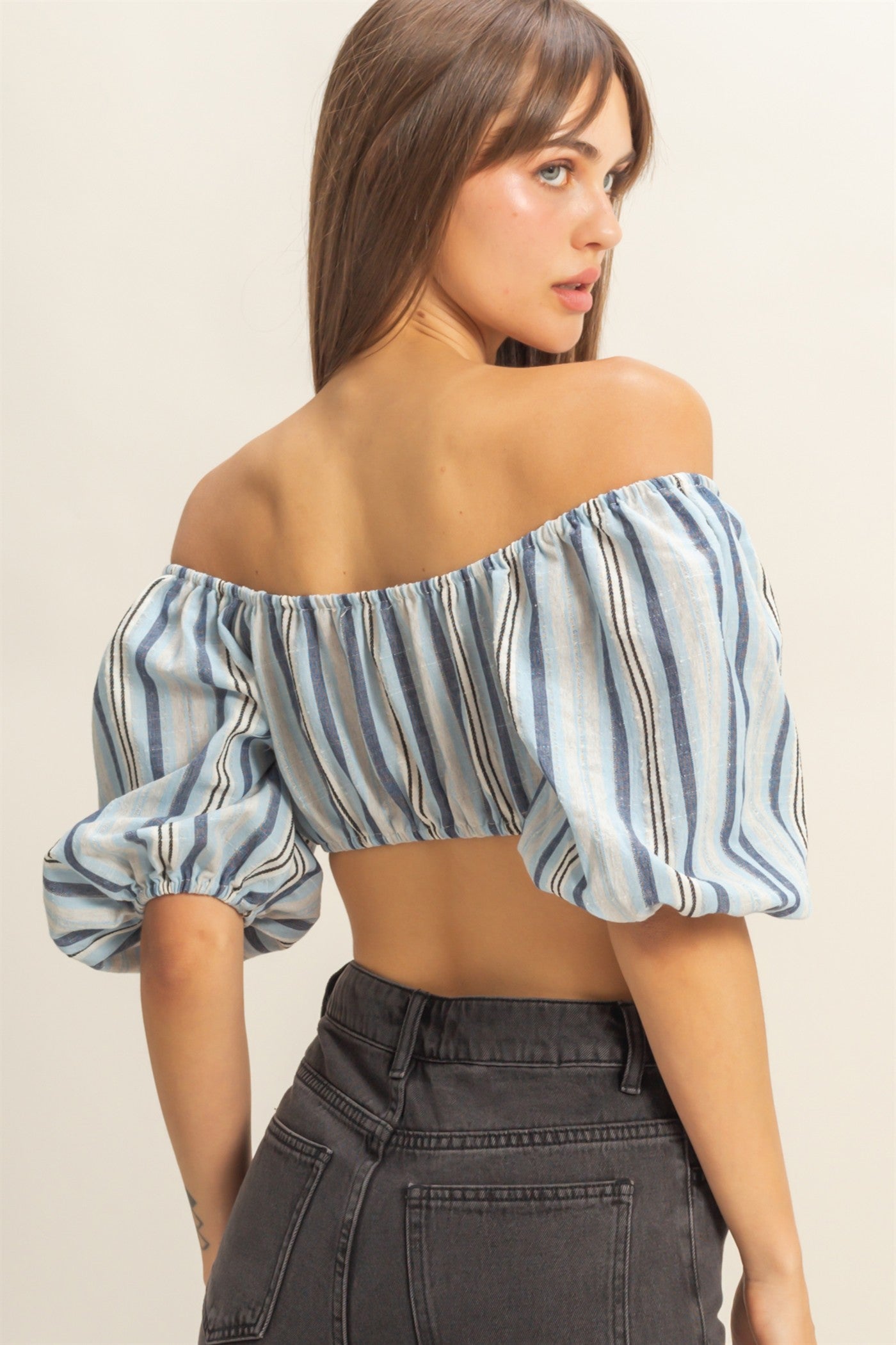 Wholesale Striped Off-Shoulder Crop Top Clothing Tops HF22C614 BLUE HYFVE