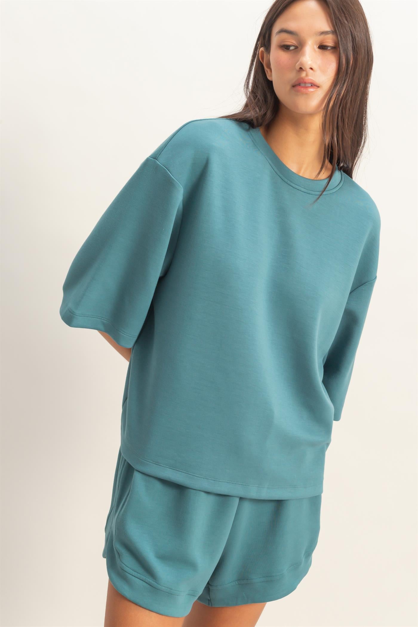 Wholesale Scuba Short Sleeve Boxy Top T-Shirts DZ26A271 DARK TEAL DOUBLE ZERO