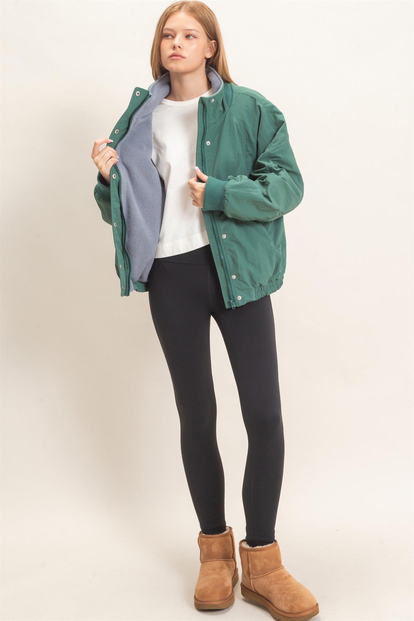 Wholesale Fleece-Lined Mock Neck Snap Jacket Coats & Jackets HF26C918 GREEN HYFVE