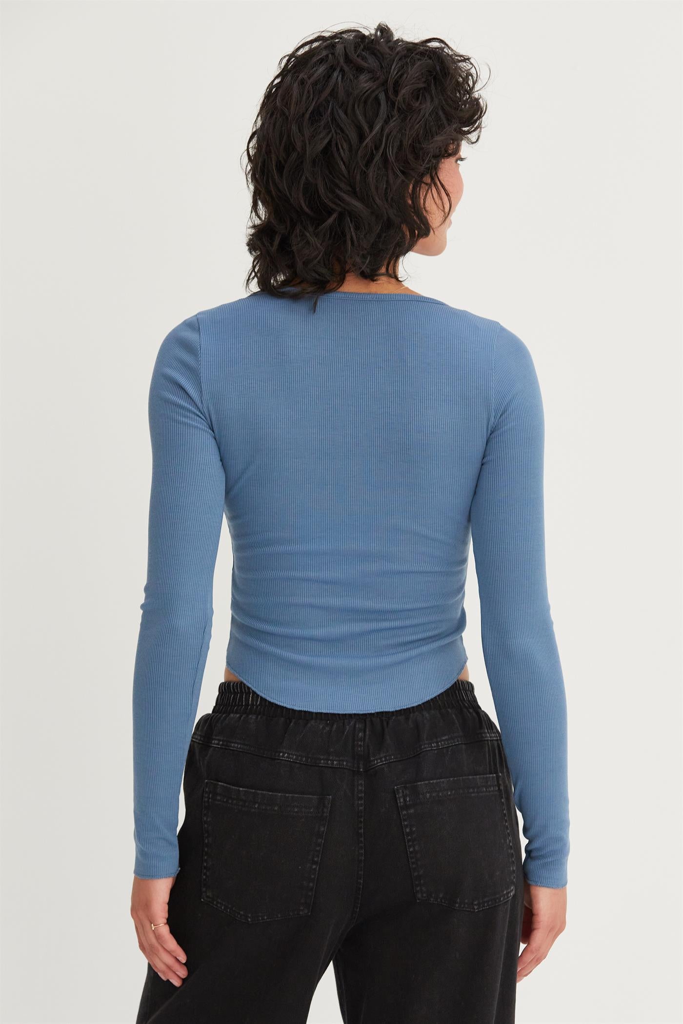 Wholesale Ribbed Long Sleeve Button Front Top Clothing Tops DZ25A025 GRAY BLUE DOUBLE ZERO