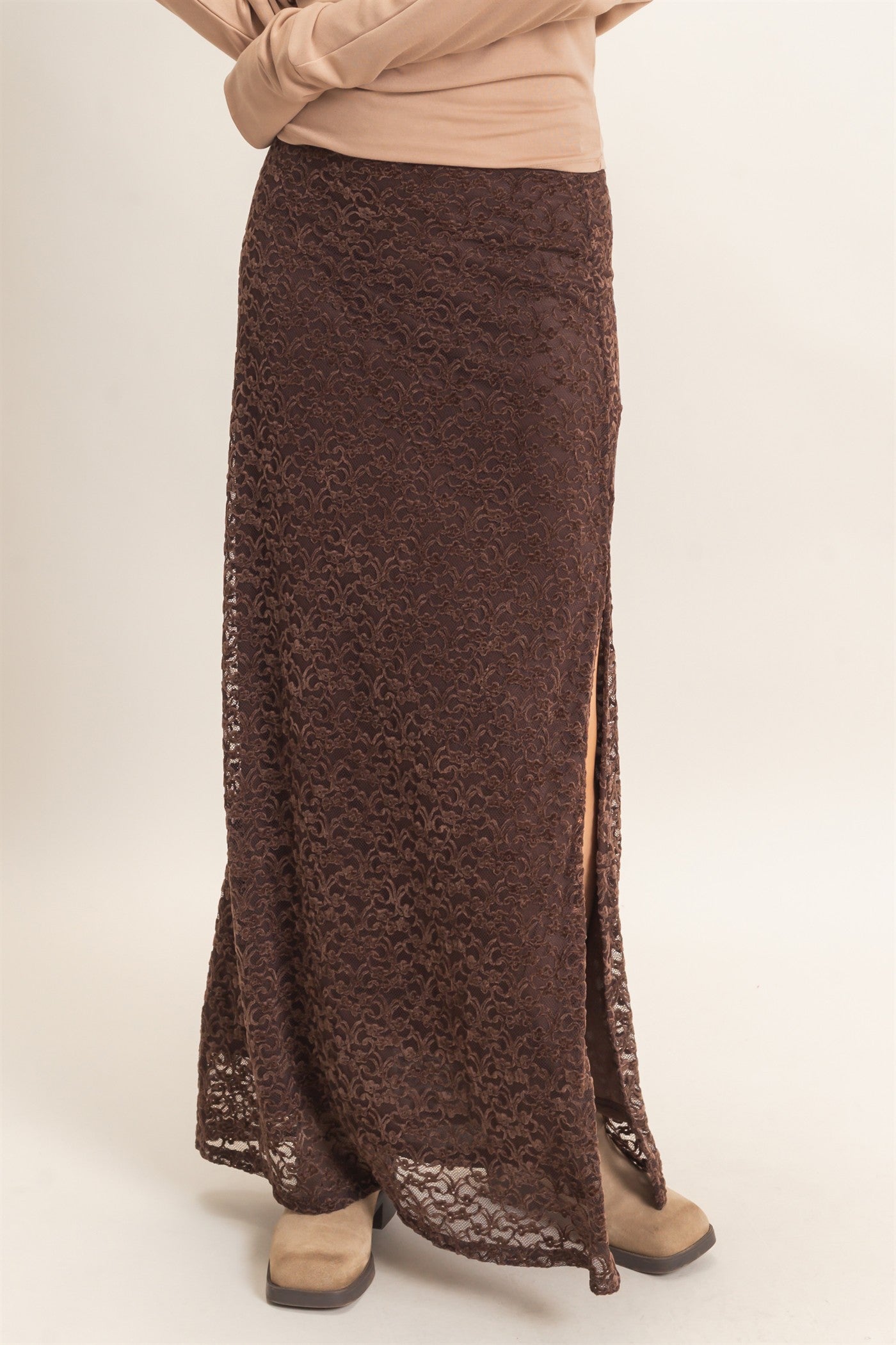 Wholesale Velvet Lace Maxi Skirt Skirts HF26E702 CHOCOLATE HYFVE