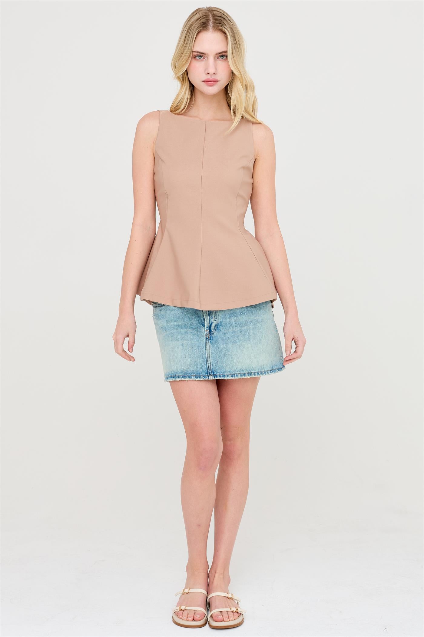 Wholesale Sleeveless Open Back Peplum Top Clothing Tops HF26A292 TAUPE HYFVE
