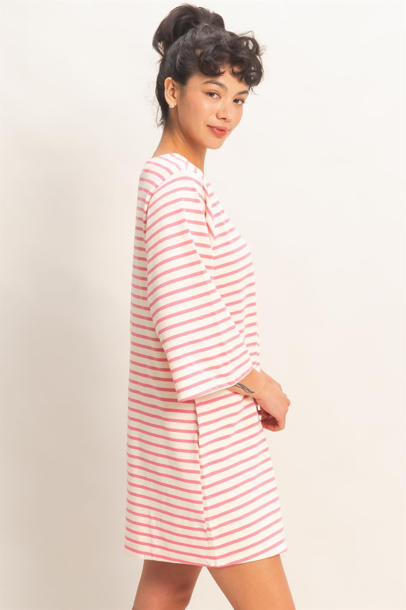 Wholesale Striped Round Neck Half-Sleeve Mini Dress Dresses DZ26A460 PINK DOUBLE ZERO