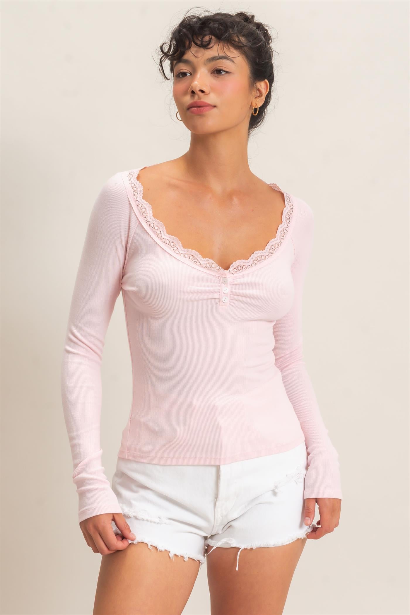 Wholesale Lace-Trim Henley Top Clothing Tops DZ26E325 LIGHT PINK DOUBLE ZERO
