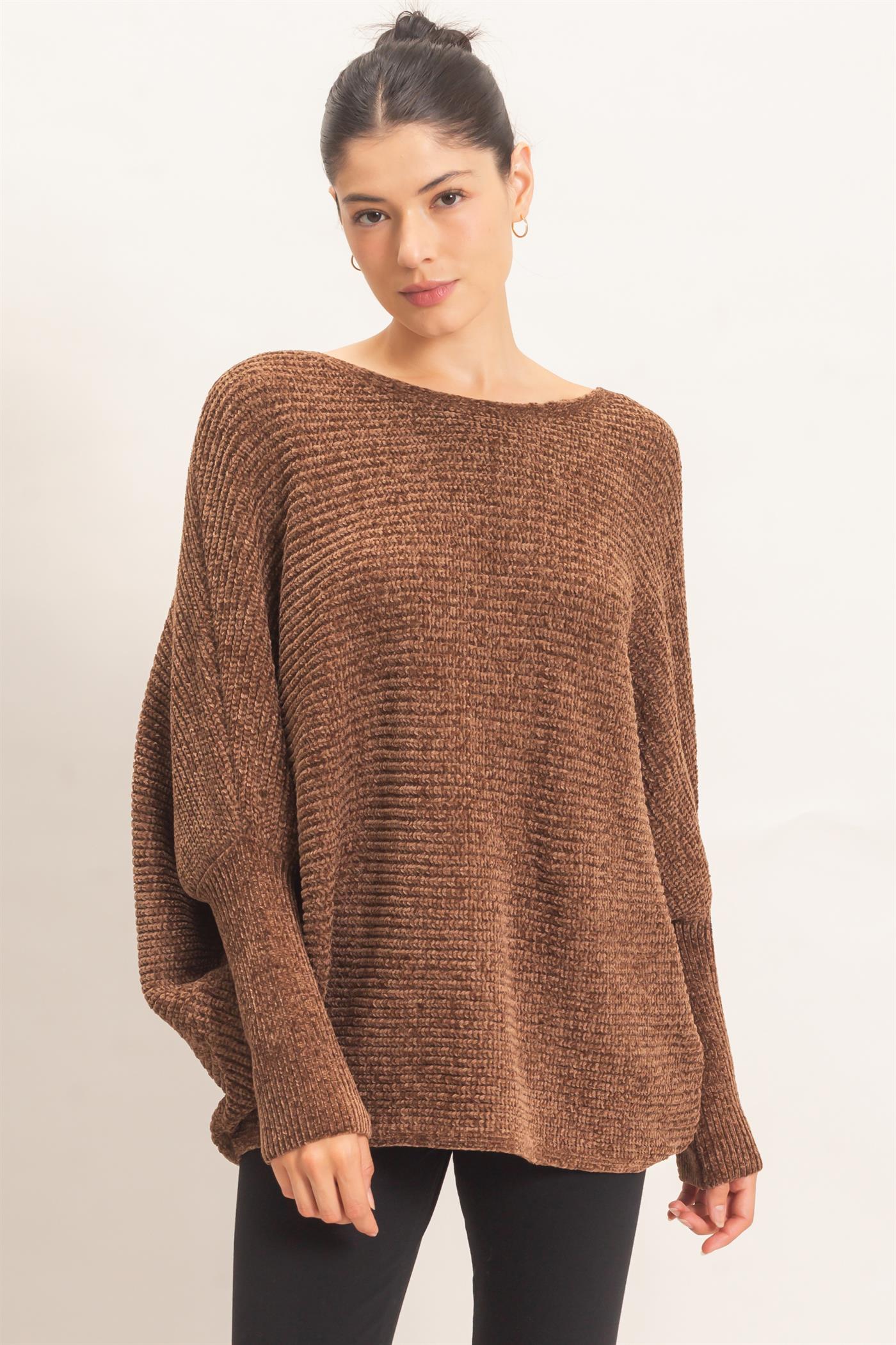 Wholesale Chenille Boat Neck Dolman Sleeve Sweater Sweaters HF26F185 BROWN HYFVE