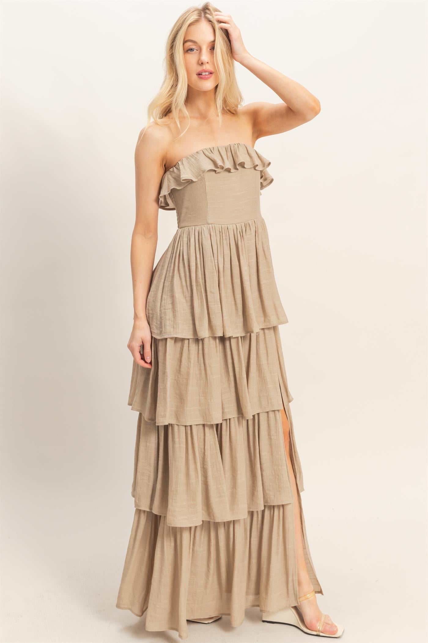 Wholesale Tiered Strapless Ruffle Dress Dresses HF26A616-D TAUPE HYFVE