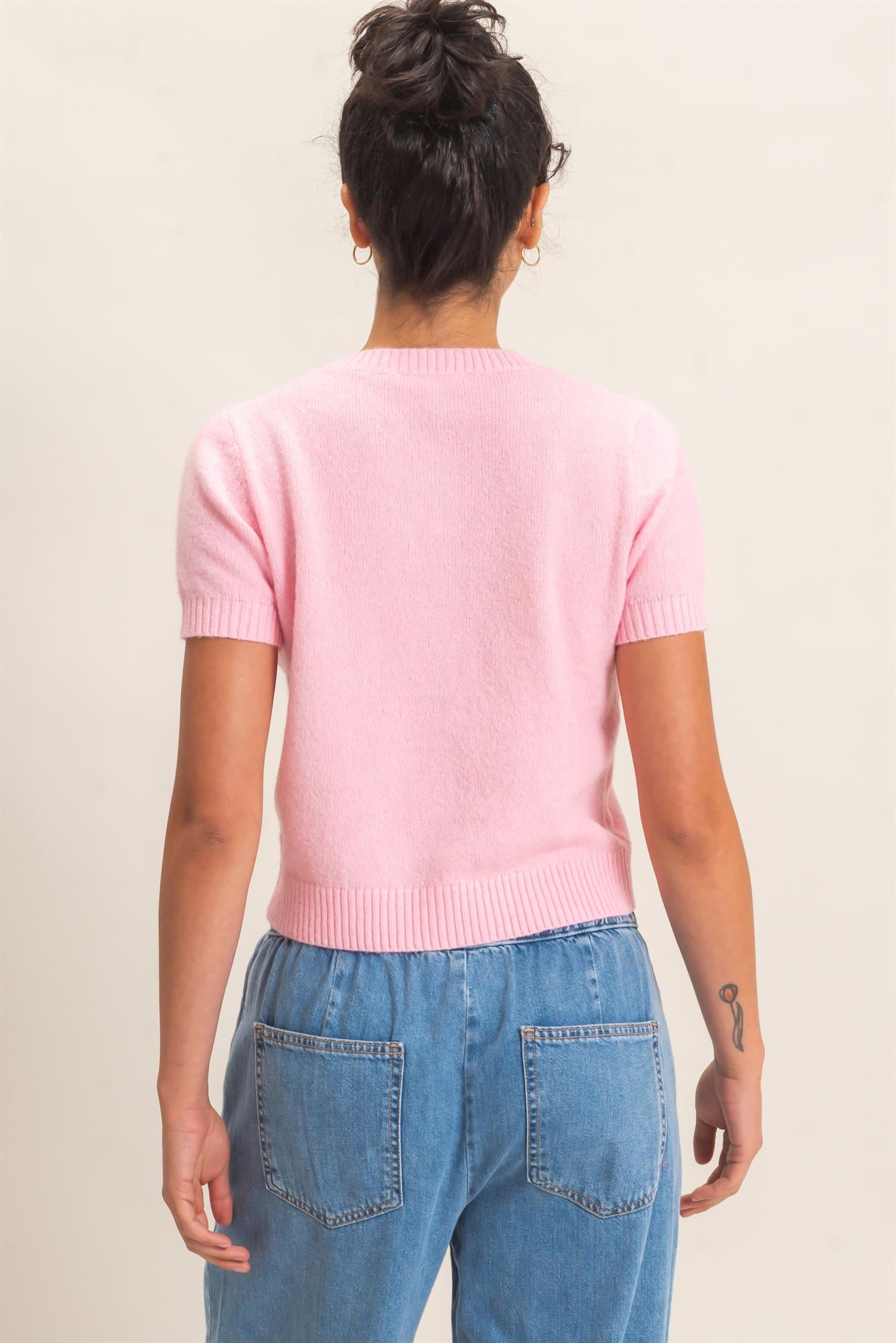 Wholesale Crew Neck Short Sleeve Cardigan Cardigans DZ26E108 PINK DOUBLE ZERO