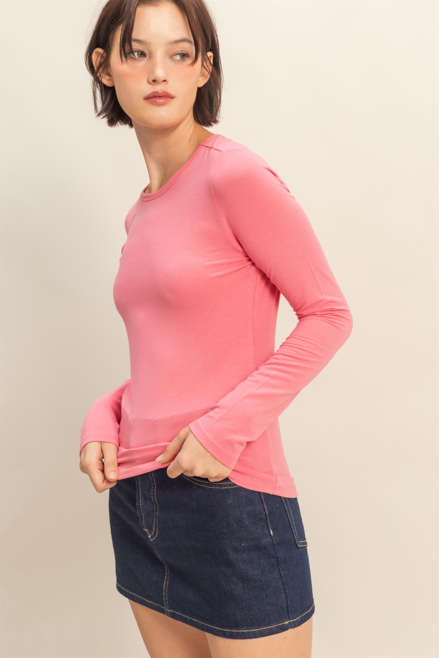 Wholesale Basic Long Sleeve Crew Neck Top Clothing Tops DZ25C950 TAFFY PINK DOUBLE ZERO