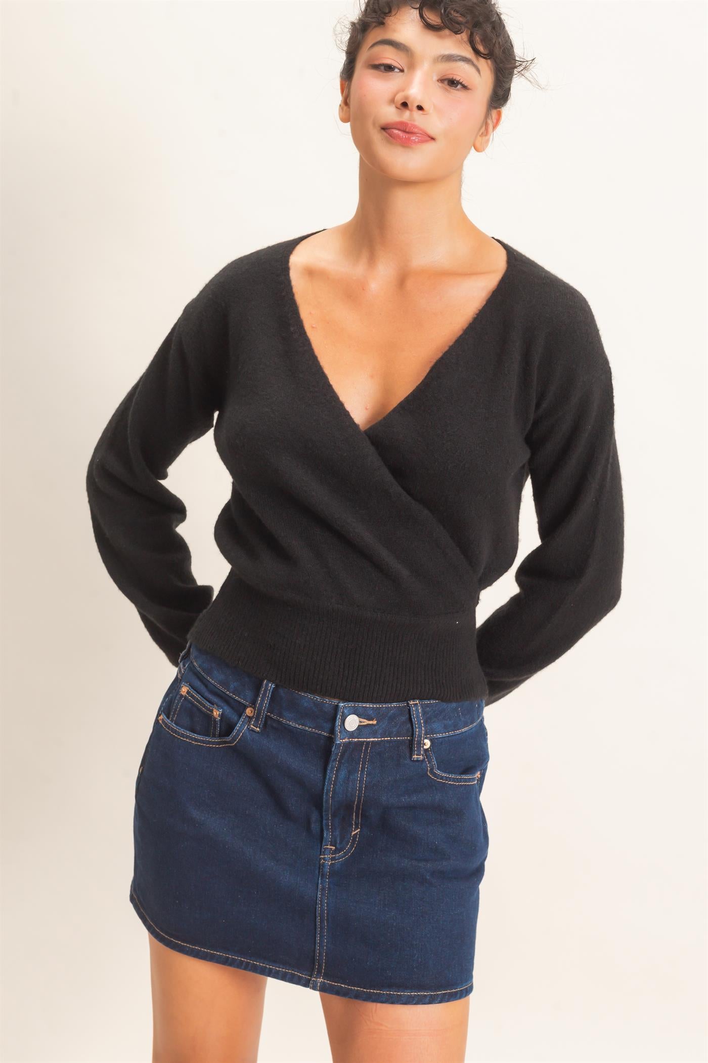Wholesale Wrap V Neck Sweater Sweaters DZ26E948 BLACK DOUBLE ZERO