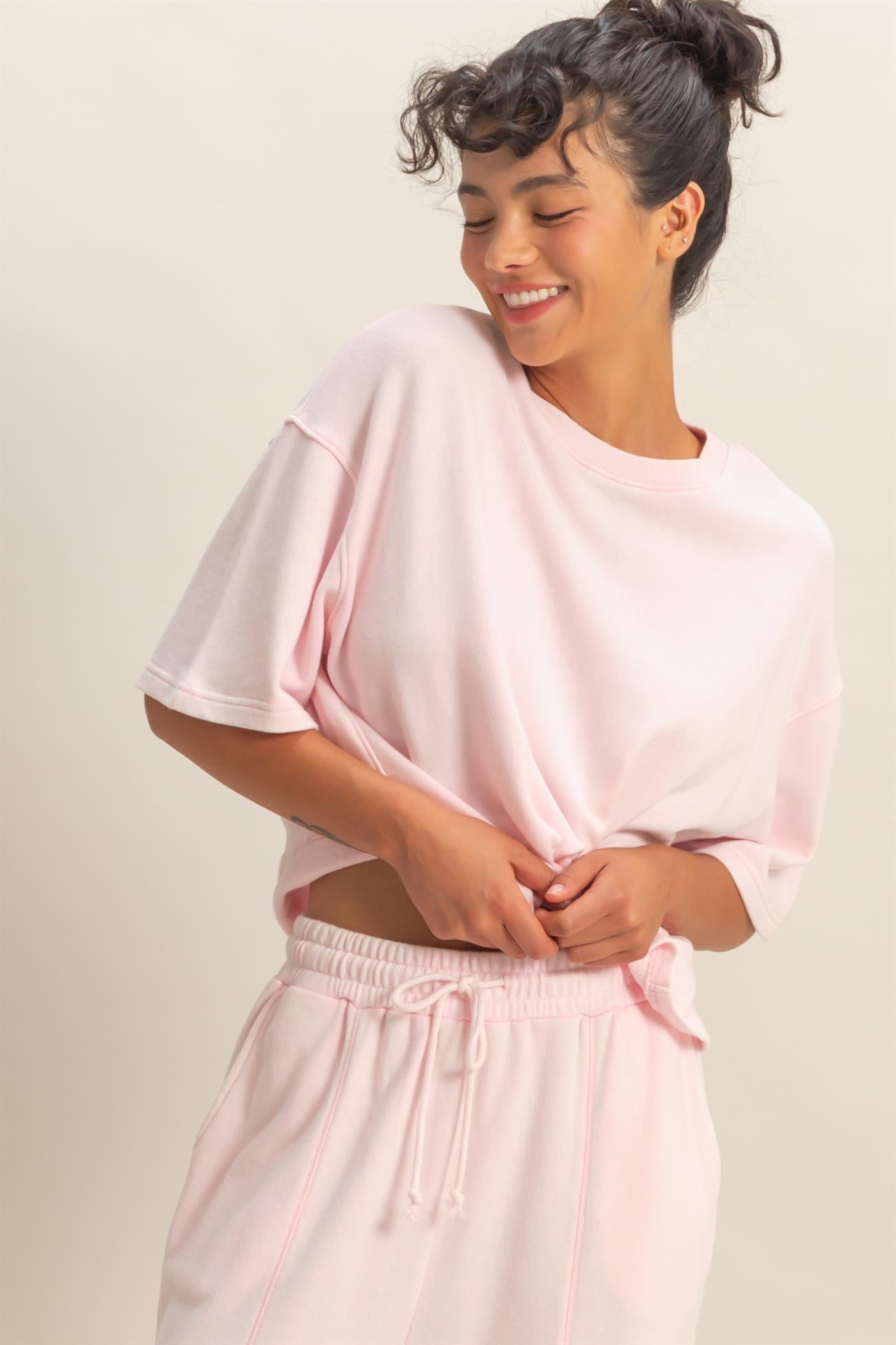 Wholesale Acid Wash Boxy Crew Neck Top T-Shirts DZ26C093 SOFT PINK DOUBLE ZERO