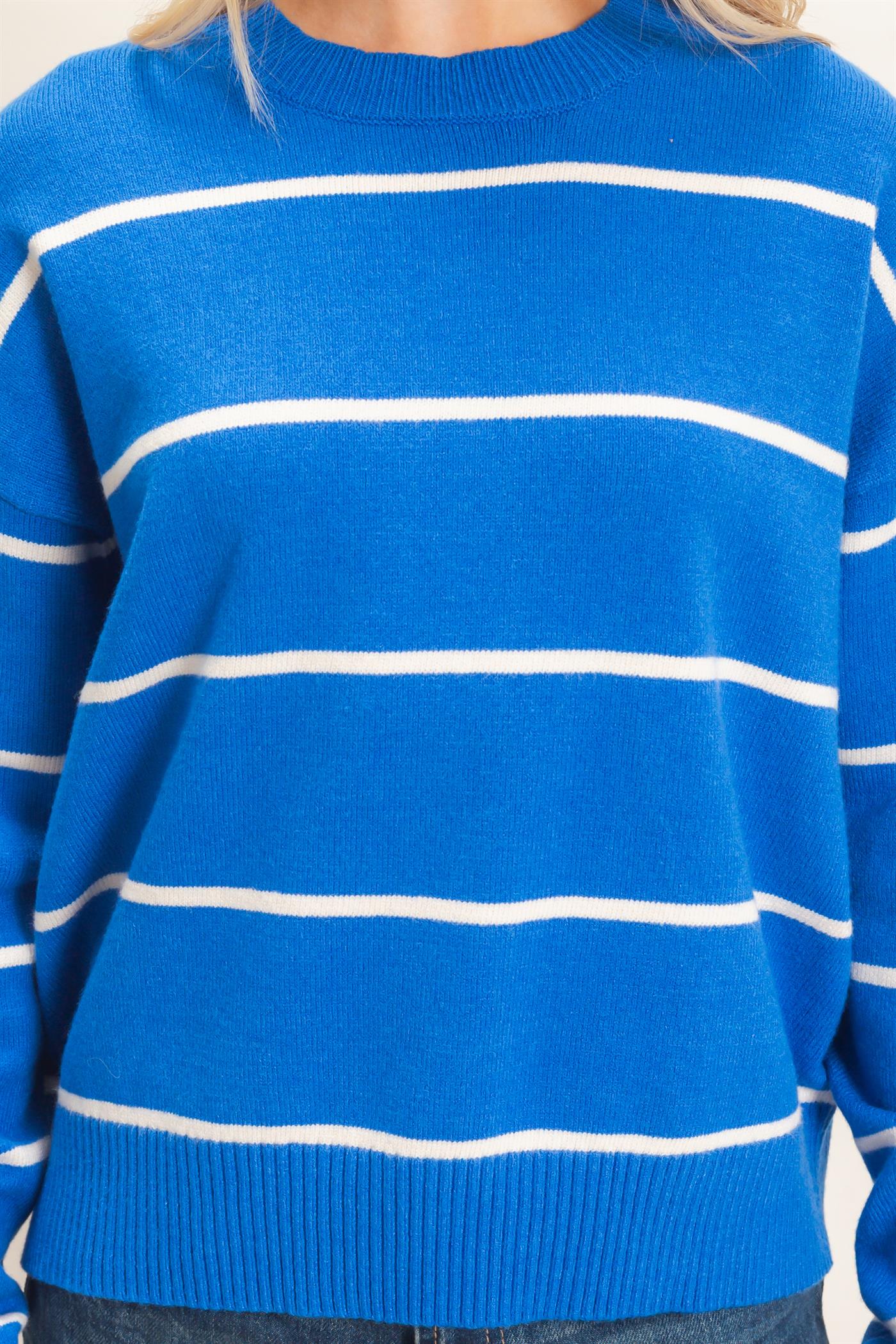 Wholesale Striped Ribbed Crew Neck Sweater Sweaters HF26F169 BLUE HYFVE