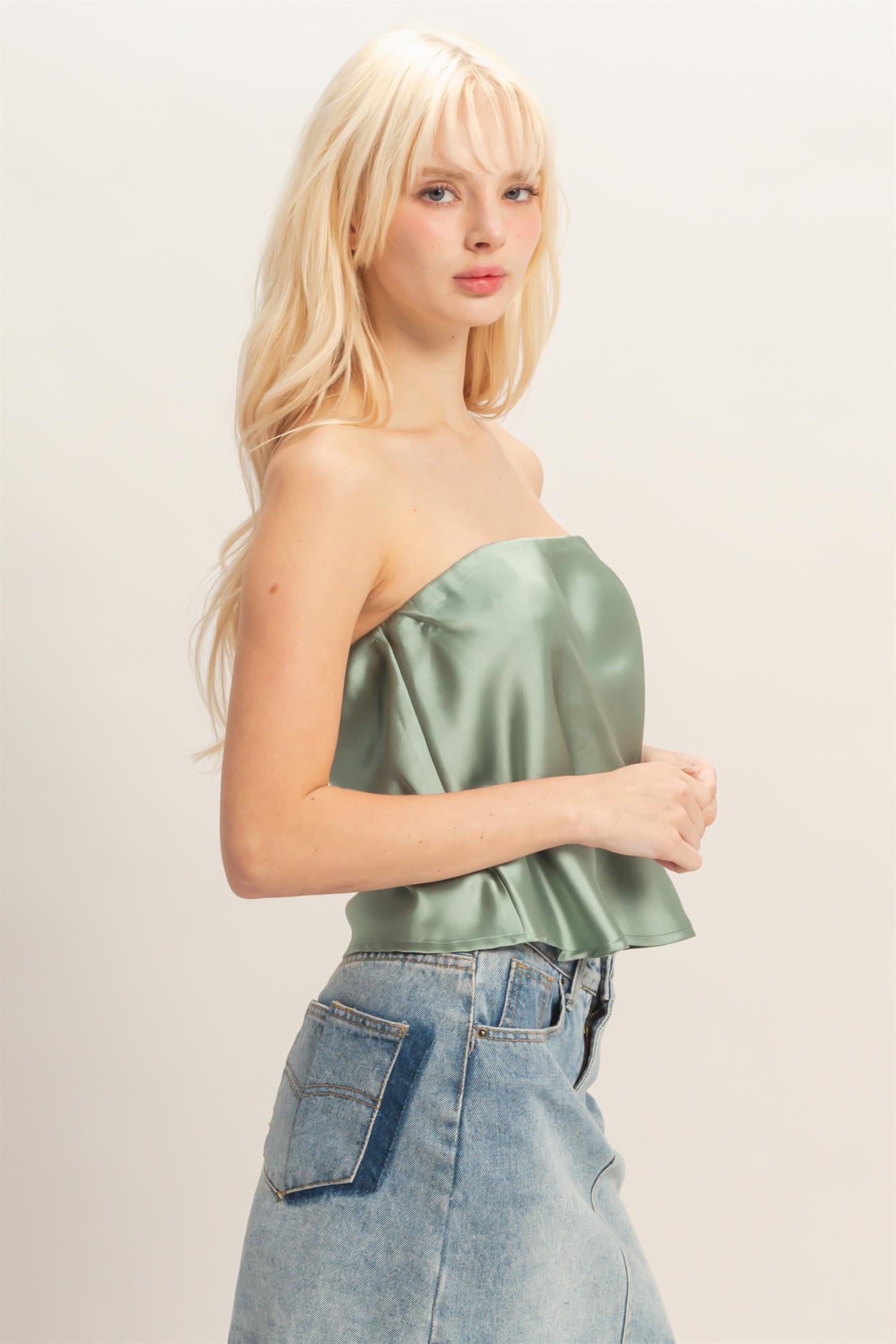 Wholesale Satin Strapless Tube Top Clothing Tops DZ26C398 SAGE GREEN DOUBLE ZERO