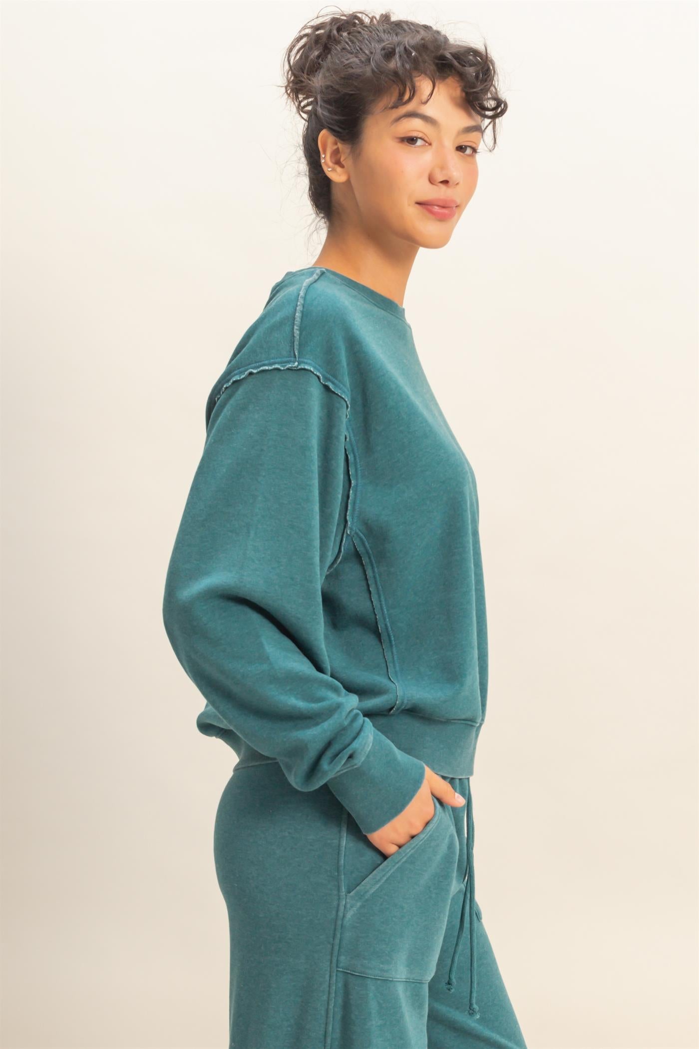 Wholesale Raw Edge Detail Burnout Sweatshirt Sweatshirts DZ26A048 DARK TEAL DOUBLE ZERO