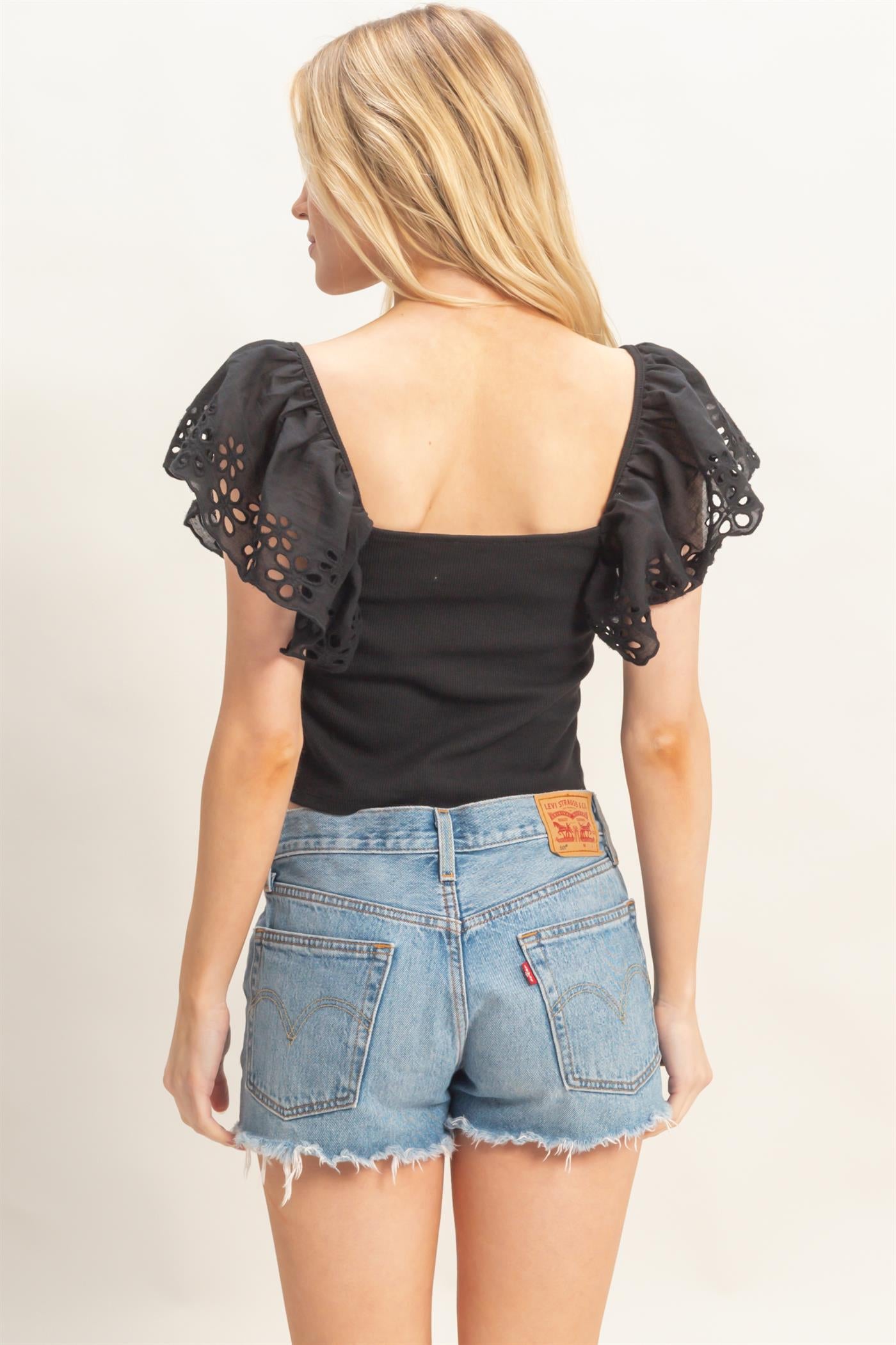 Wholesale Square Neck Eyelet Sleeve Top Clothing Tops HF26A623 BLACK HYFVE