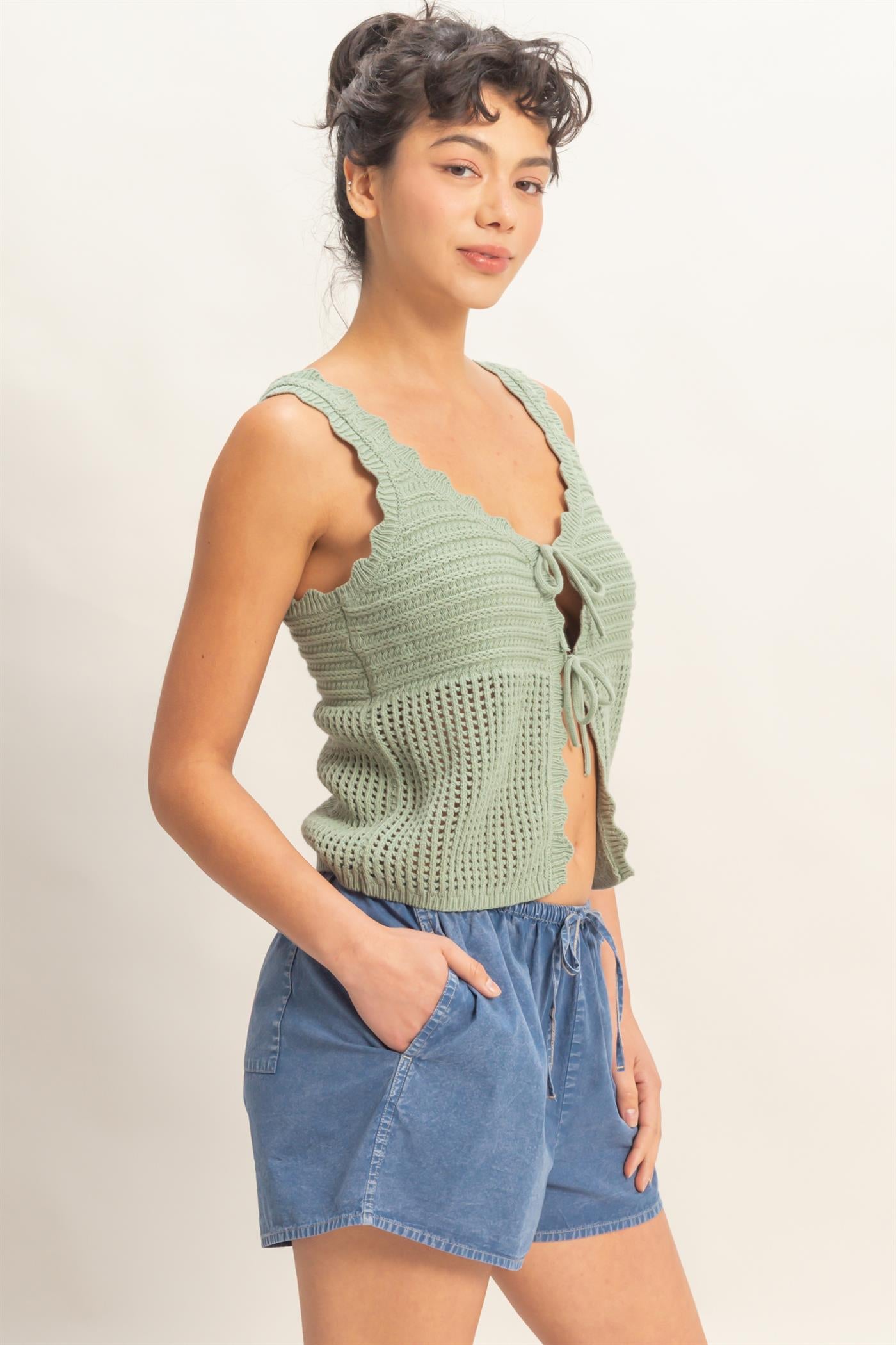 Wholesale Sleeveless Open Knit Double Tie-Front Vest Shirts DZ26A809 SAGE GREEN DOUBLE ZERO