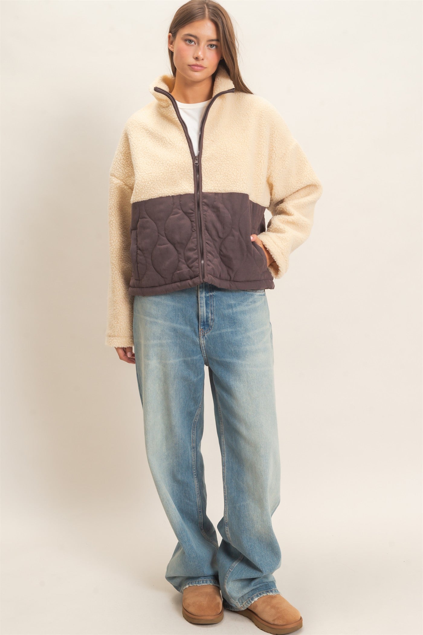 Wholesale Quilted Sherpa Zip Up Jacket Coats & Jackets DZ26F259 DARK BROWN DOUBLE ZERO
