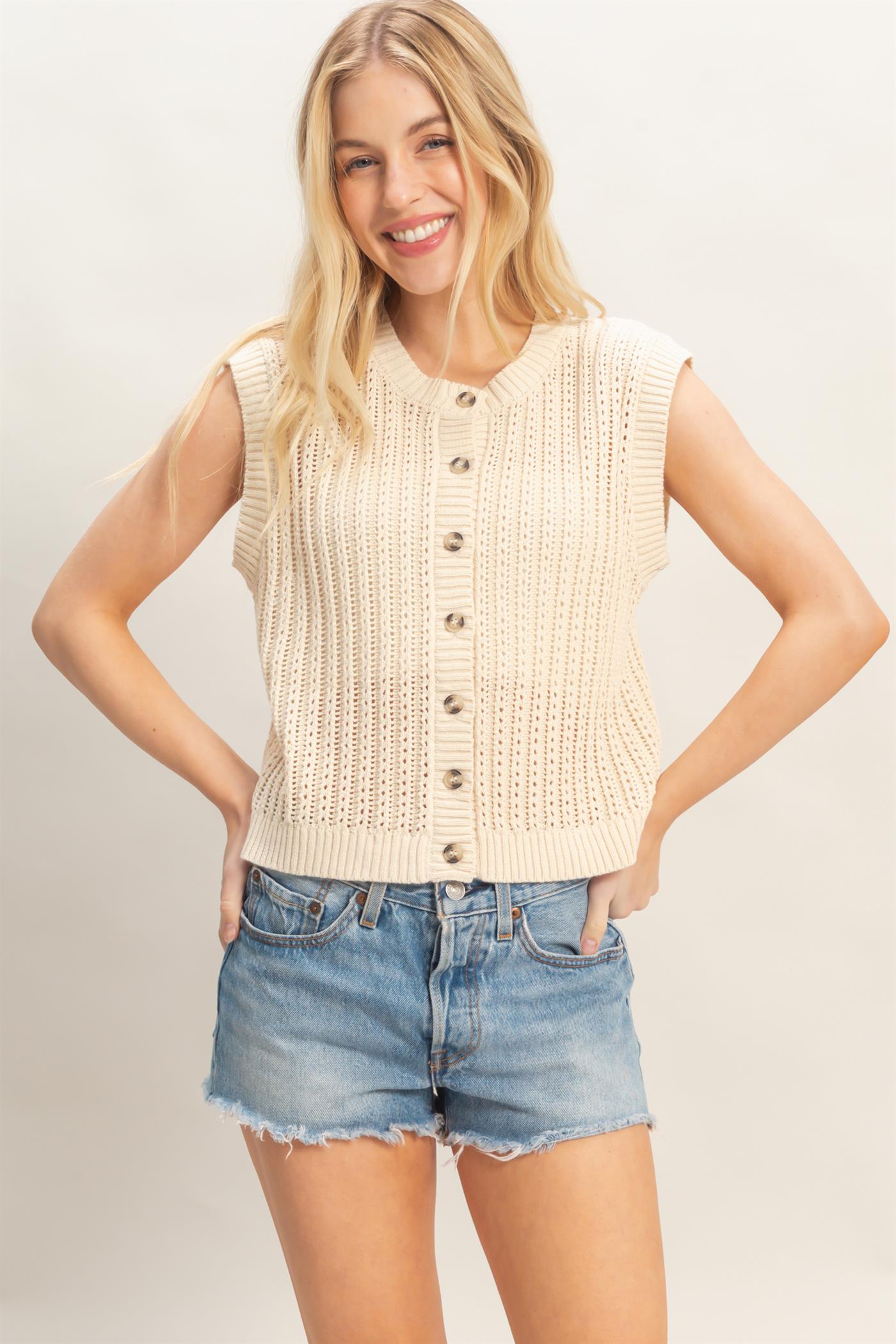 Wholesale Sleeveless Ribbed Button Top Sweaters HF26A356 CREAM HYFVE