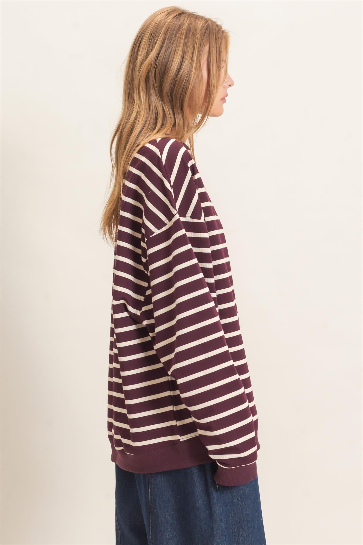 Wholesale Striped Long Sleeve Pullover Sweatshirts HF26F077 RASPBERRY/ECRU HYFVE