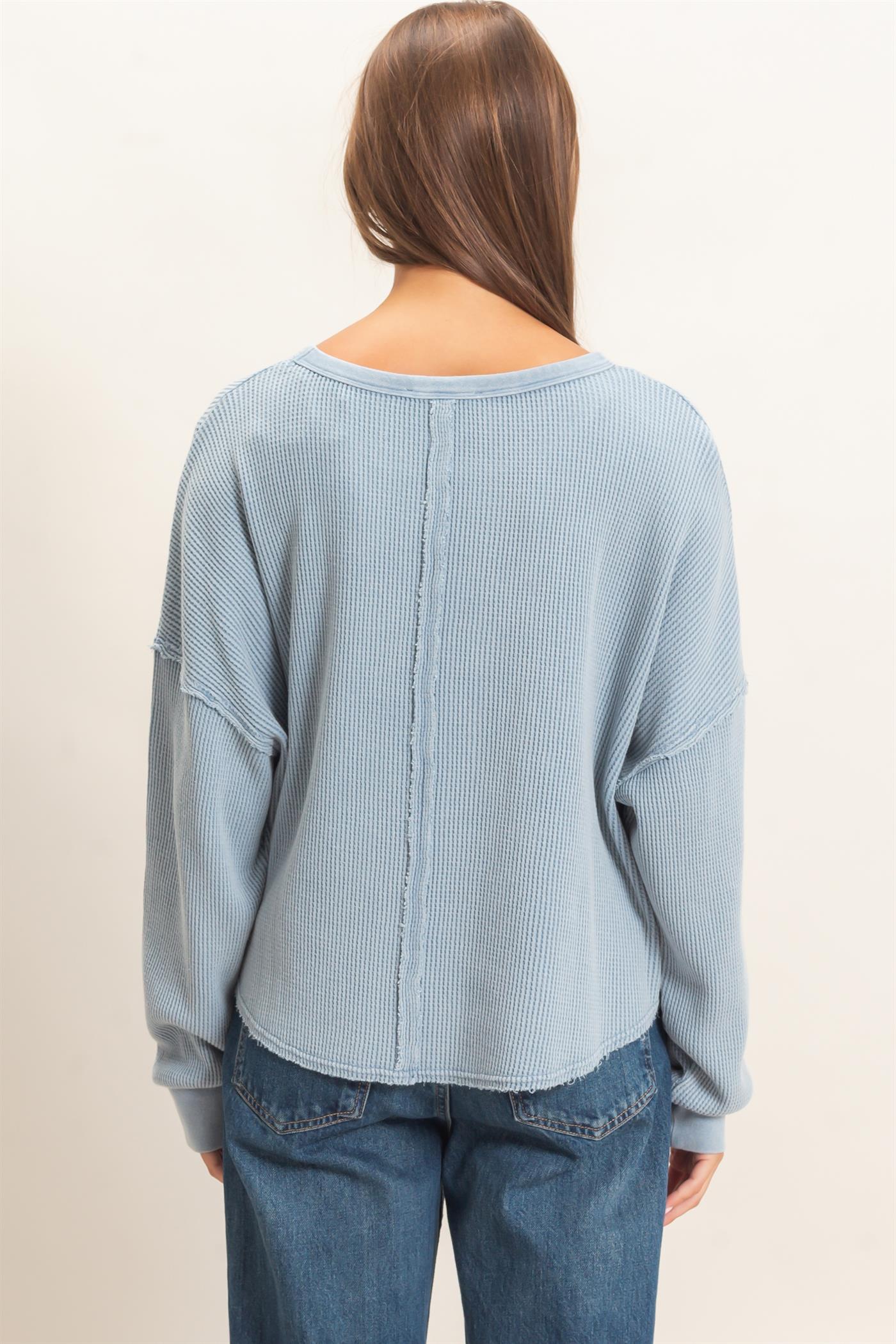 Wholesale Mineral Wash Waffle Oversized Top Clothing Tops DZ26E248 DUSTY BLUE DOUBLE ZERO