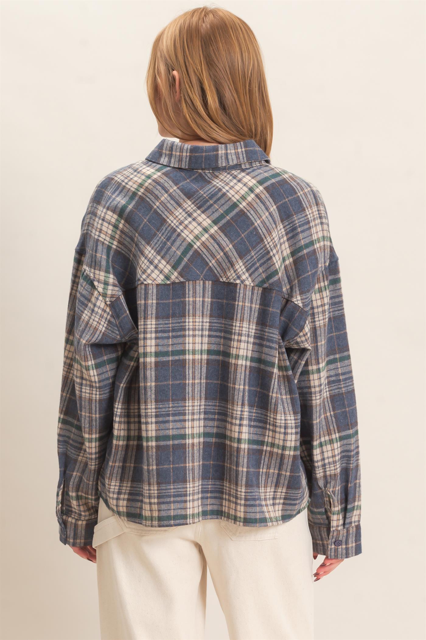 Wholesale Plaid Button-Up Shirt Clothing Tops HF26E467 BLUE HYFVE