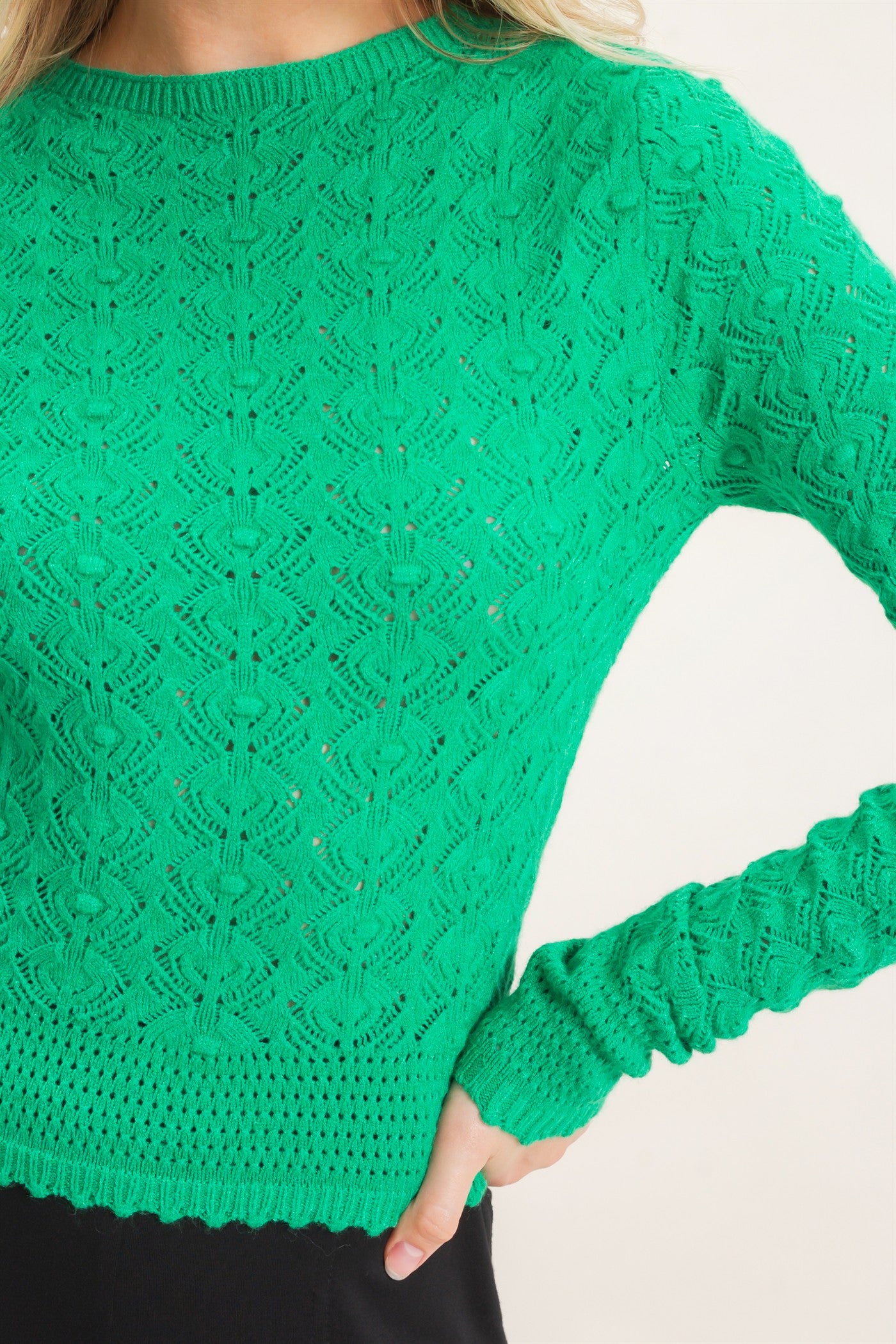 Wholesale Crochet Scalloped Hem Sweater Sweaters HF26F195 GREEN HYFVE