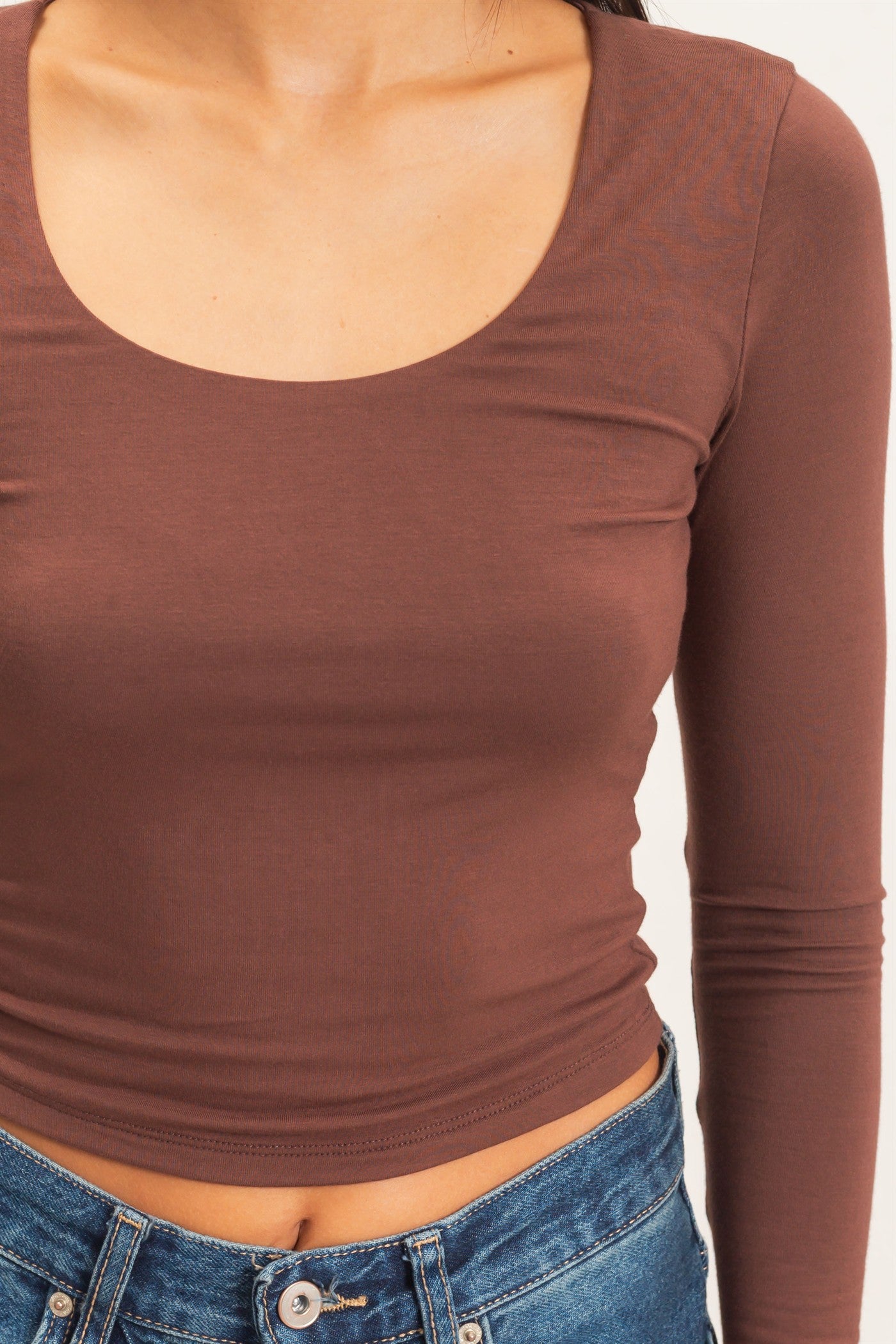 Wholesale Scoop Neck Long Sleeve Top Clothing Tops DZ26E250 DARK BROWN DOUBLE ZERO