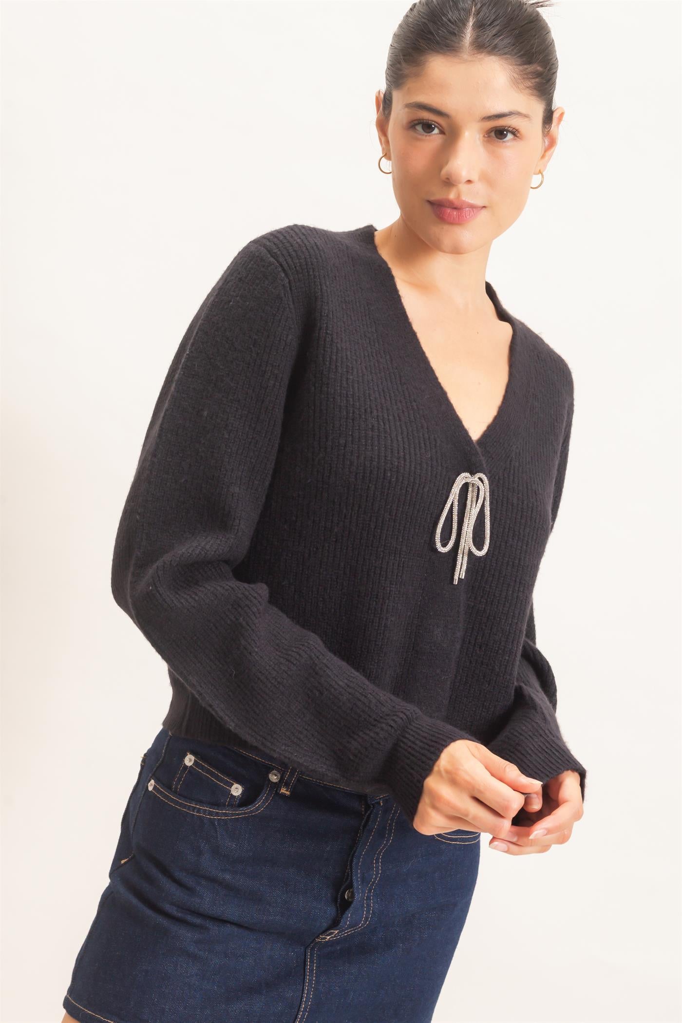 Wholesale Rhinestone Bow Tie-Front Sweater Cardigans HF26F183-D BLACK HYFVE