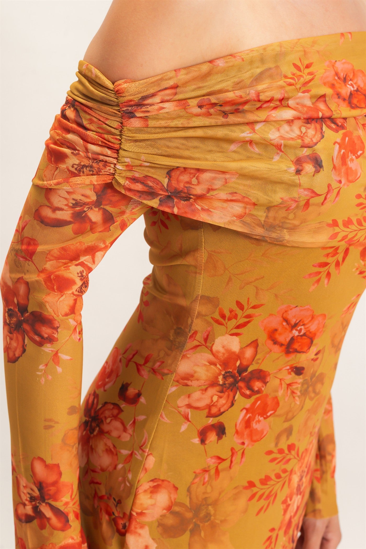 Wholesale Off Shoulder Floral Mesh Dress Dresses HF26E008 MUSTARD HYFVE