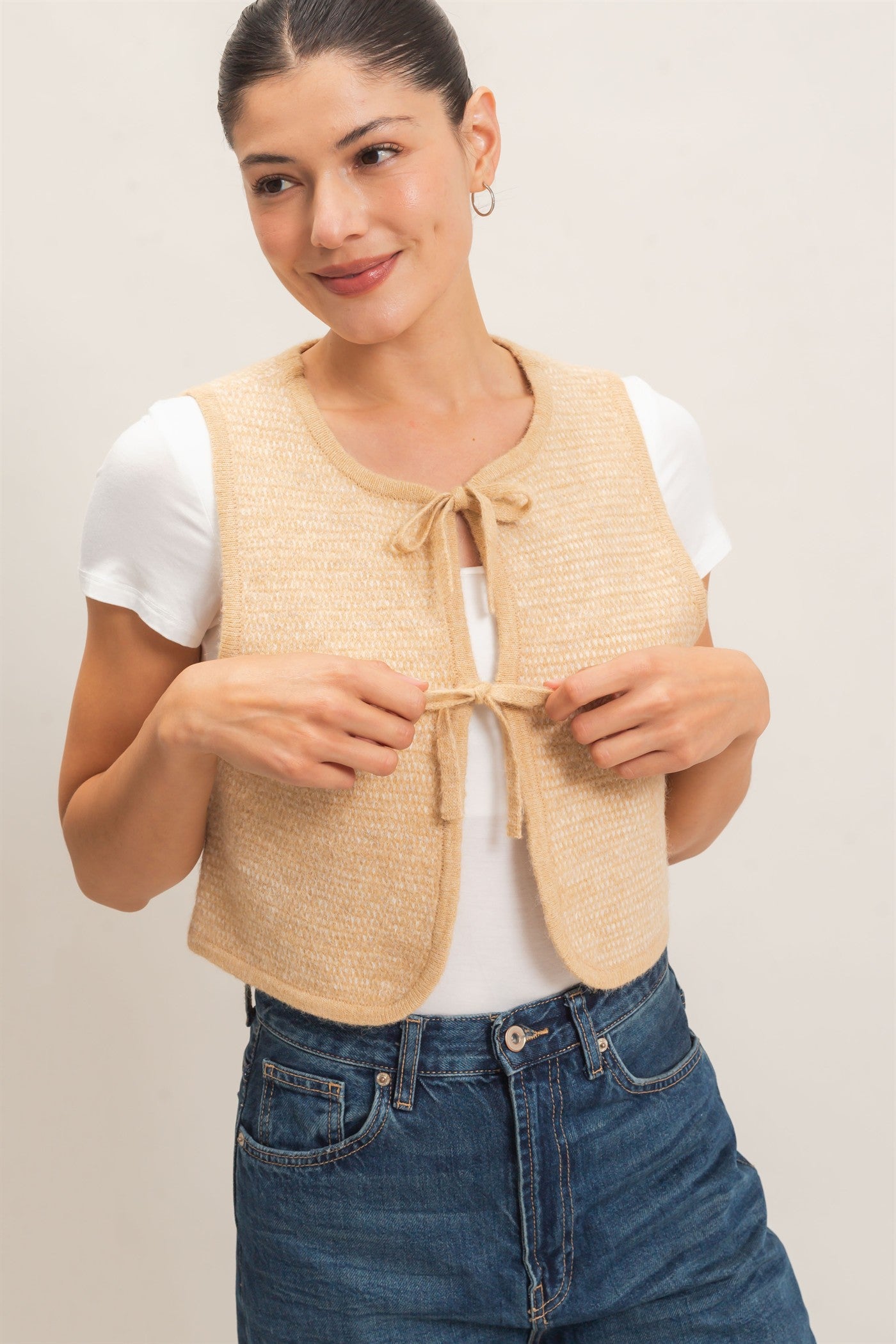 Wholesale Sweater Vest With Front Ties Sweaters HF26E140 TAUPE HYFVE
