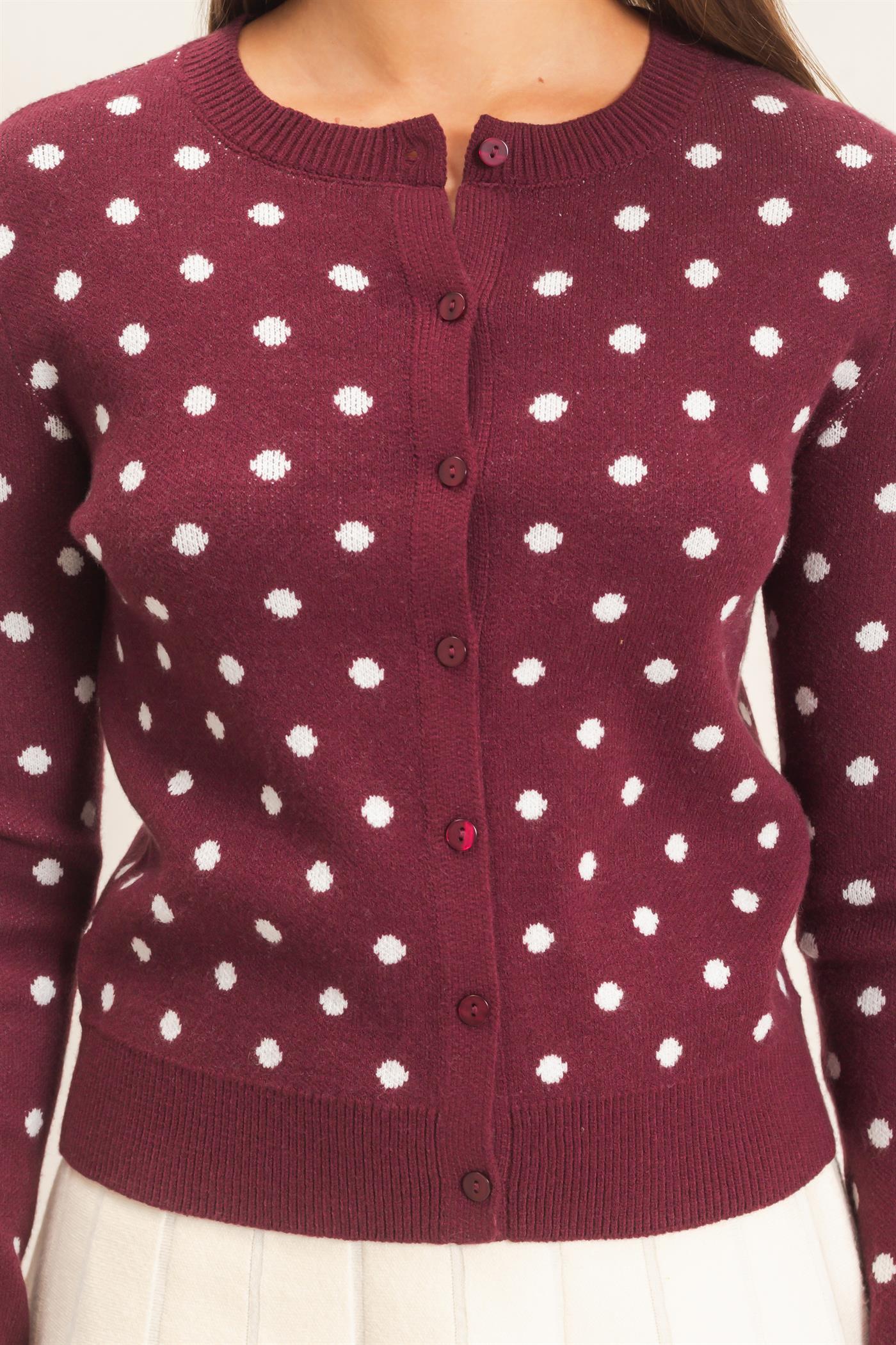 Wholesale Polka Dot Cardigan Sweaters DZ26E453 DARK CHERRY DOUBLE ZERO