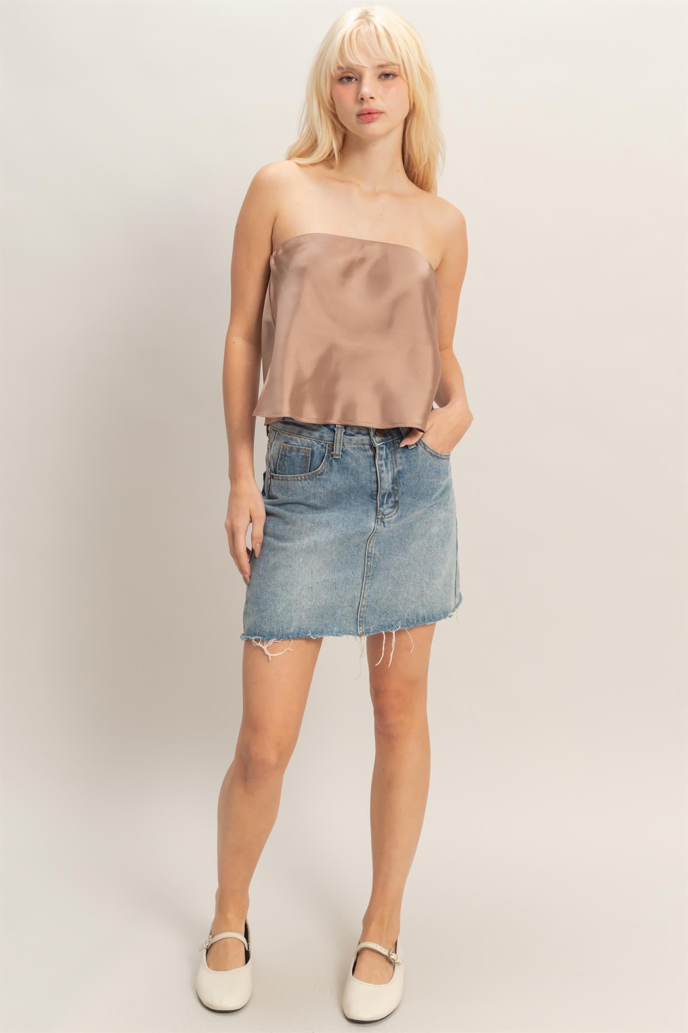 Wholesale Satin Strapless Tube Top Clothing Tops DZ26C398 DARK TAUPE DOUBLE ZERO