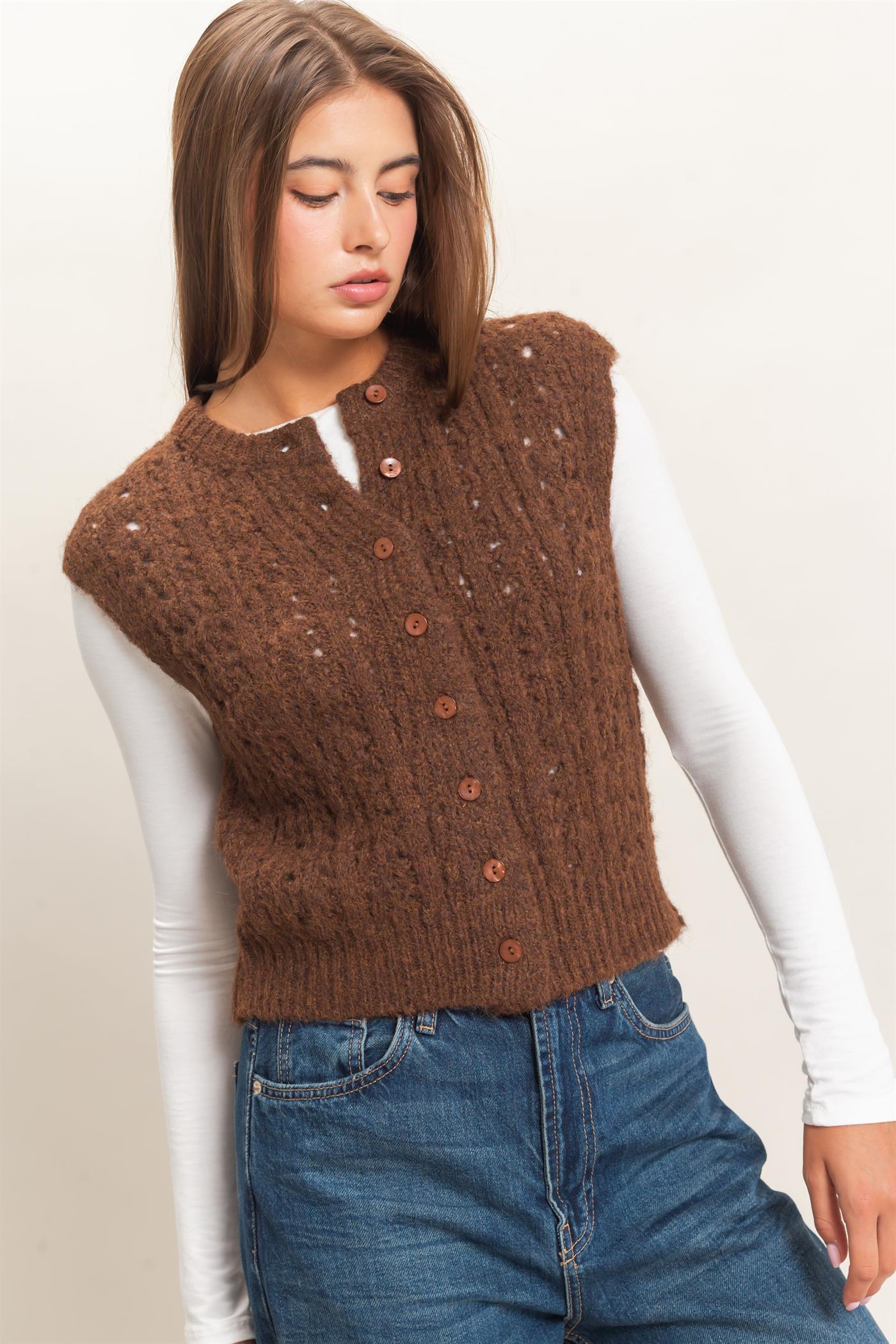 Wholesale Open Knit Sleeveless Button Front Sweater Vest Sweaters DZ26A829 BROWN DOUBLE ZERO