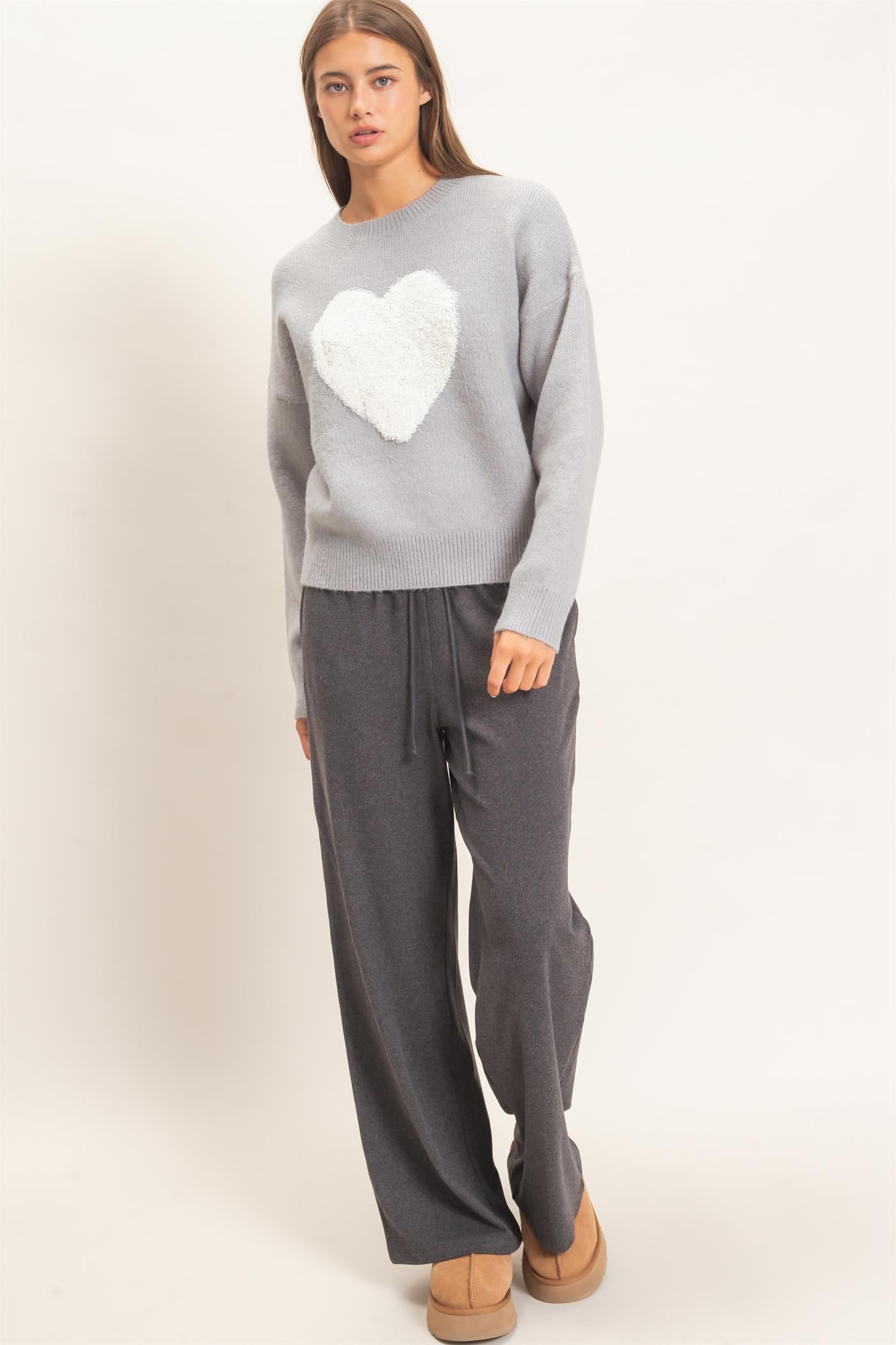 Wholesale Heart Graphic Sweater Sweaters DZ26E430 GRAY DOUBLE ZERO