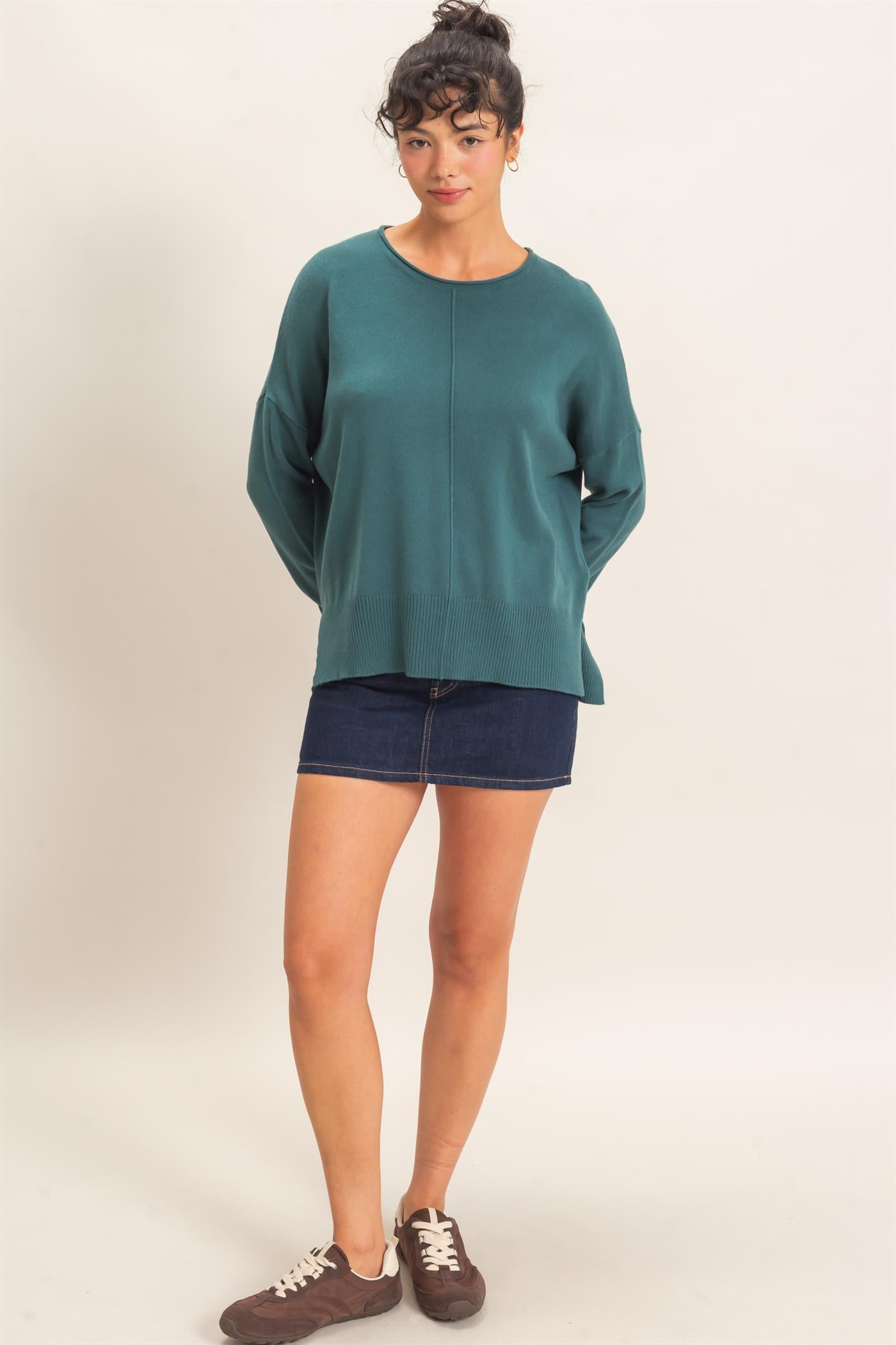 Wholesale Roll Neck Seam Detail Sweater Sweaters DZ26C975 DARK TEAL DOUBLE ZERO