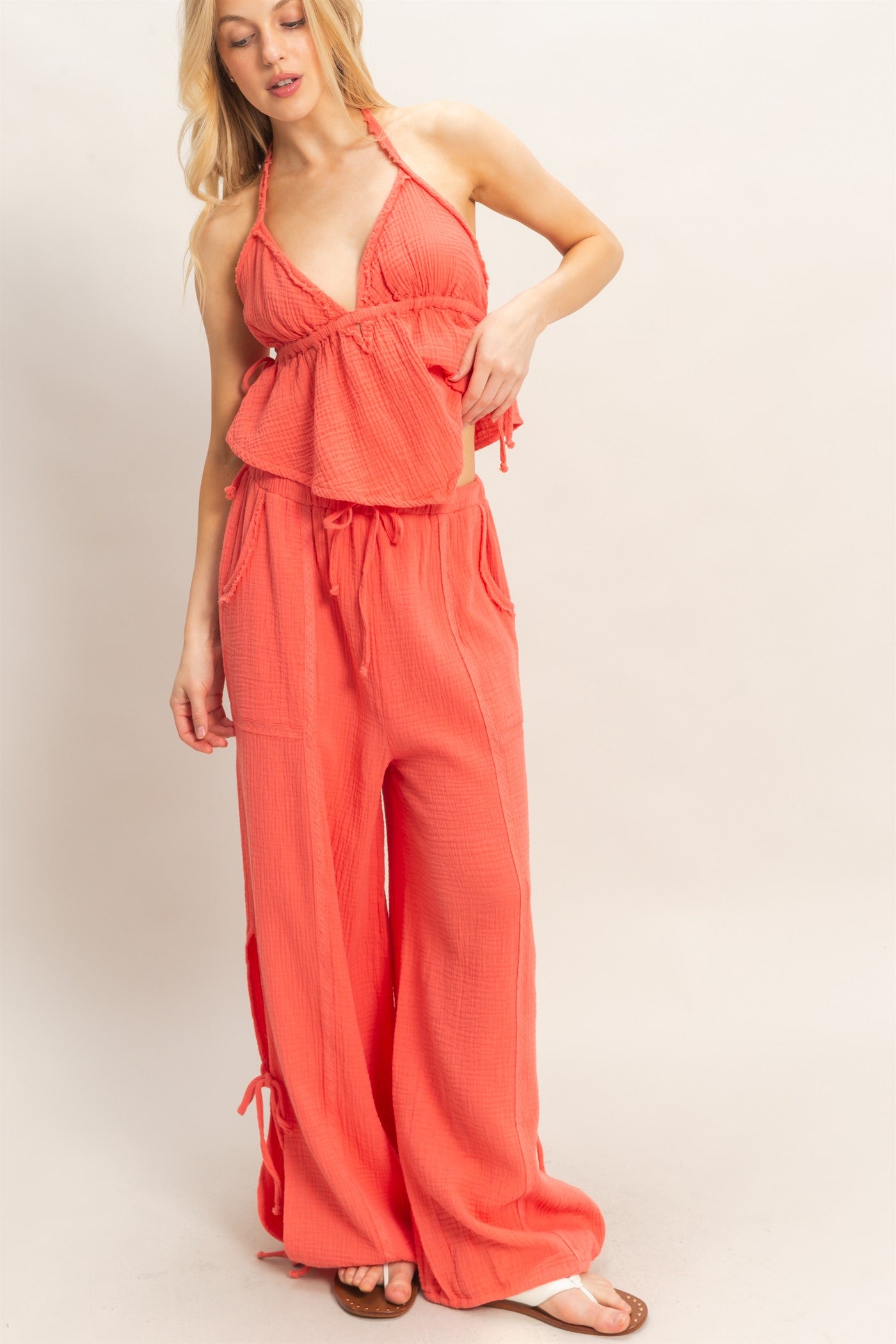 Wholesale Gauze Drawstring Jogger Pants Joggers HF26A822 RED ORANGE HYFVE