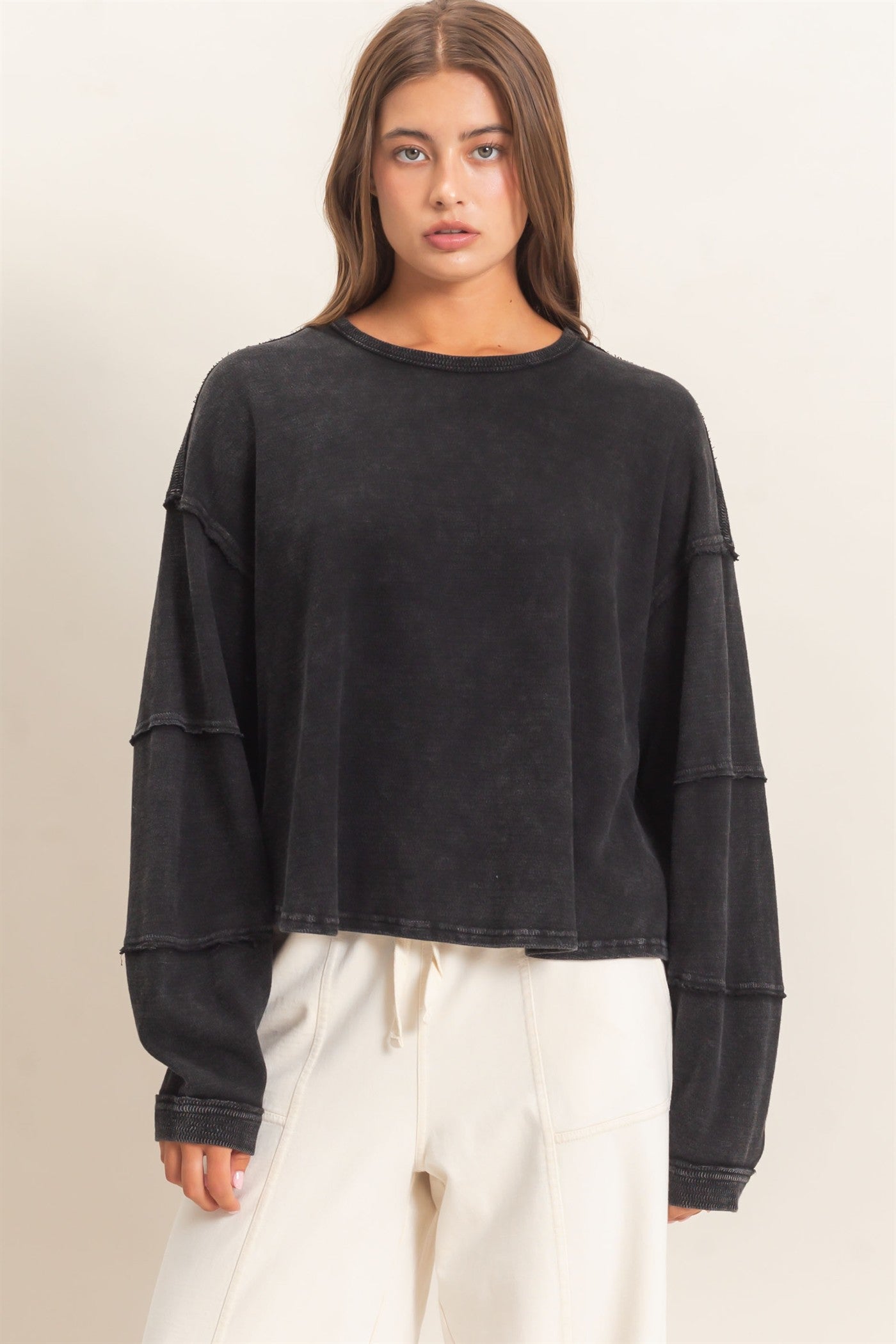 Wholesale Mineral Wash Overzised Raw Edge Crew Neck Top Clothing Tops DZ26E449 BLACK DOUBLE ZERO