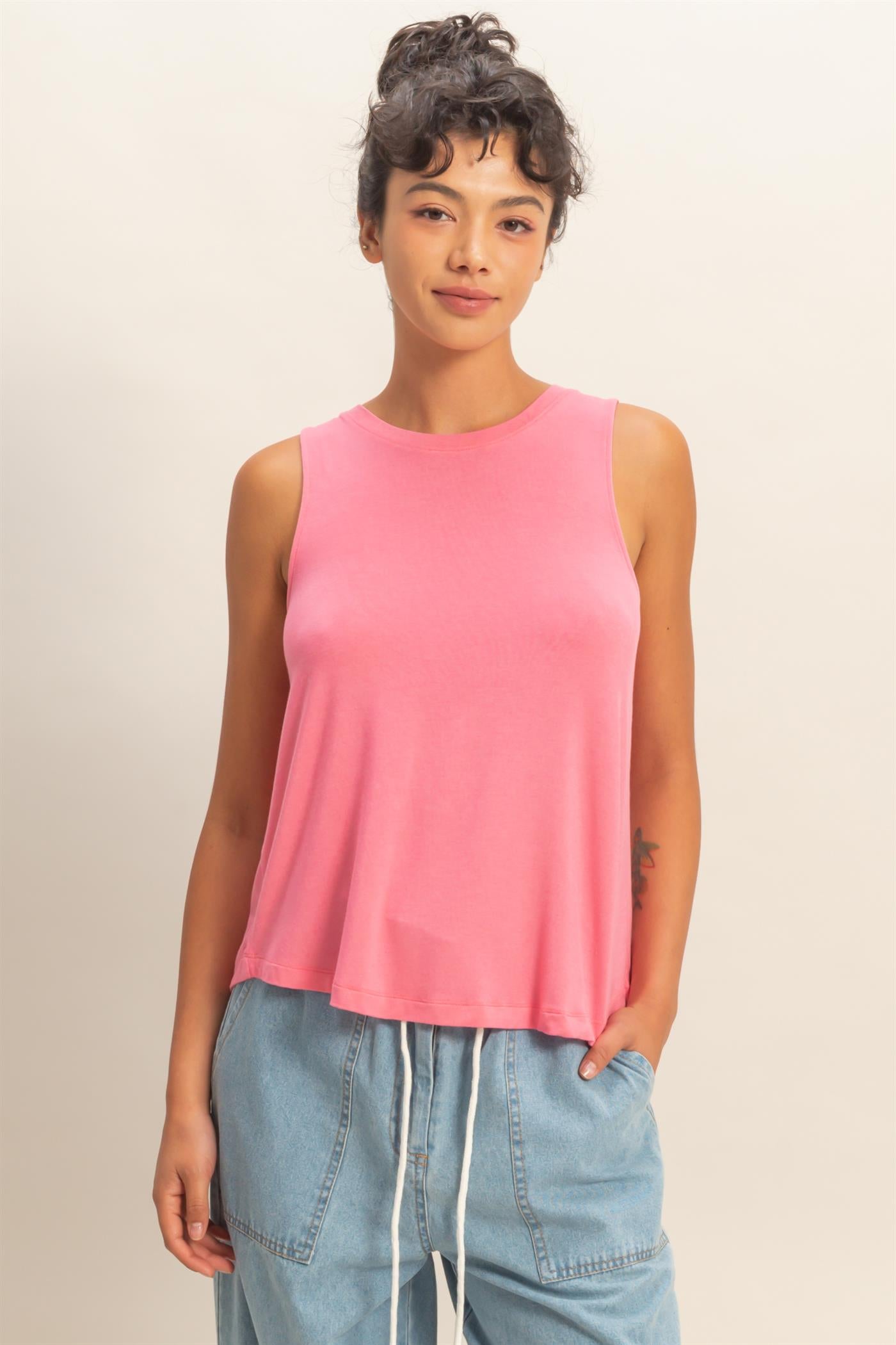 Wholesale Crew Neck Rayon Tank Top Tank Tops DZ26A332 TAFFY PINK DOUBLE ZERO