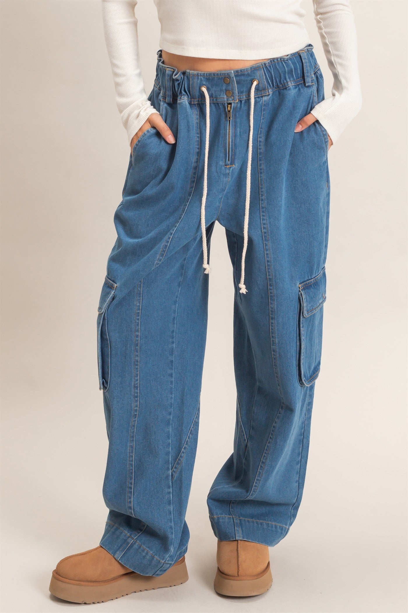 Wholesale Drawstring Cargo Denim Pants Pants HF26E182 LIGHT DENIM HYFVE