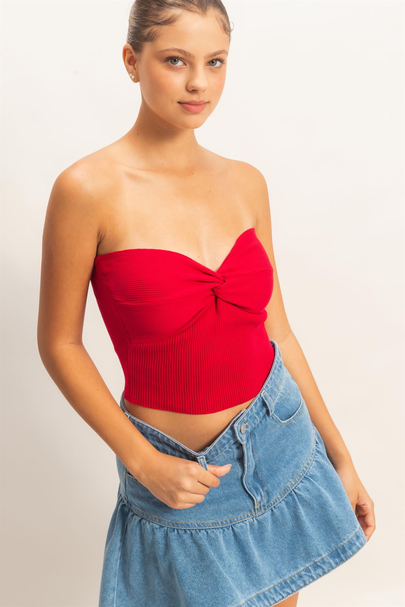 Wholesale Ribbed Knot Bustier Top Clothing Tops DZ26A308 RED DOUBLE ZERO