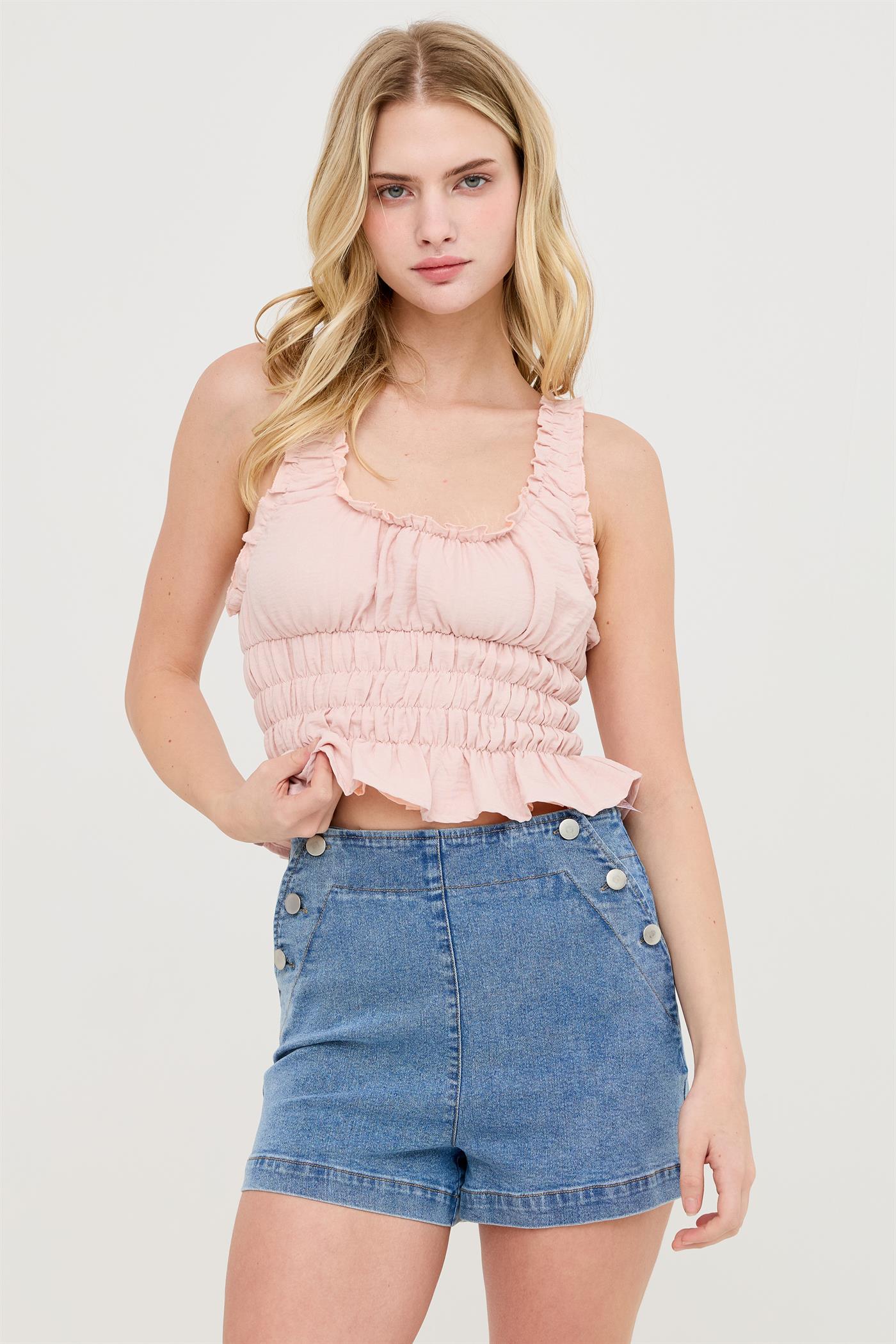 Wholesale Ruched Square Neck Smocked Top Clothing Tops HF26E388-D BLUSH HYFVE