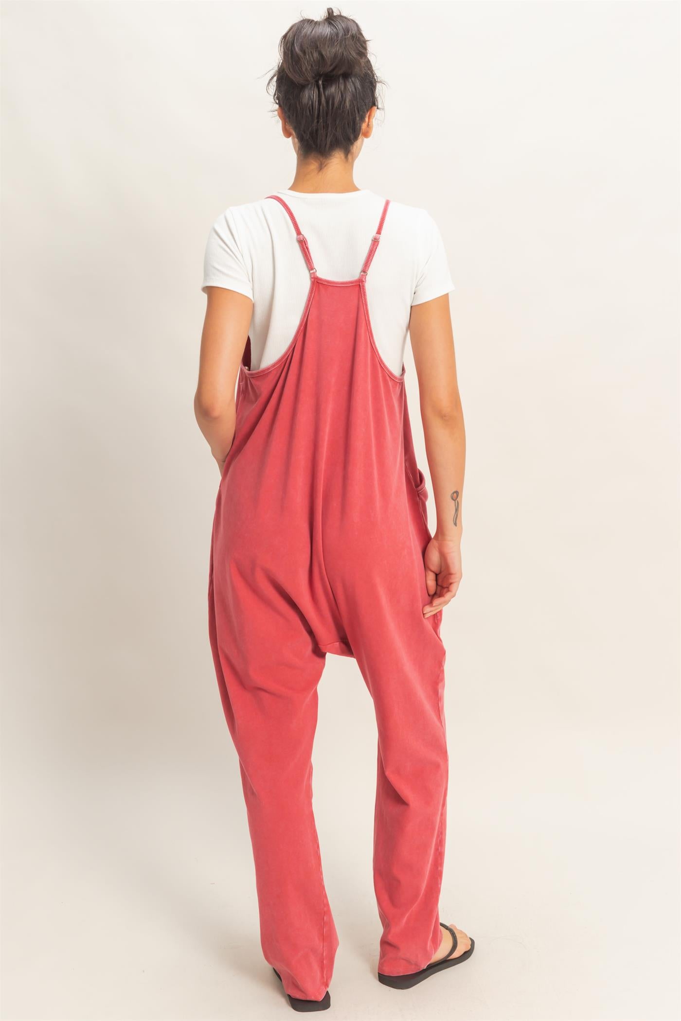 Wholesale Mineral Wash Spaghetti Strap Jumpsuit Clothing DZ26C375 DARK RED DOUBLE ZERO