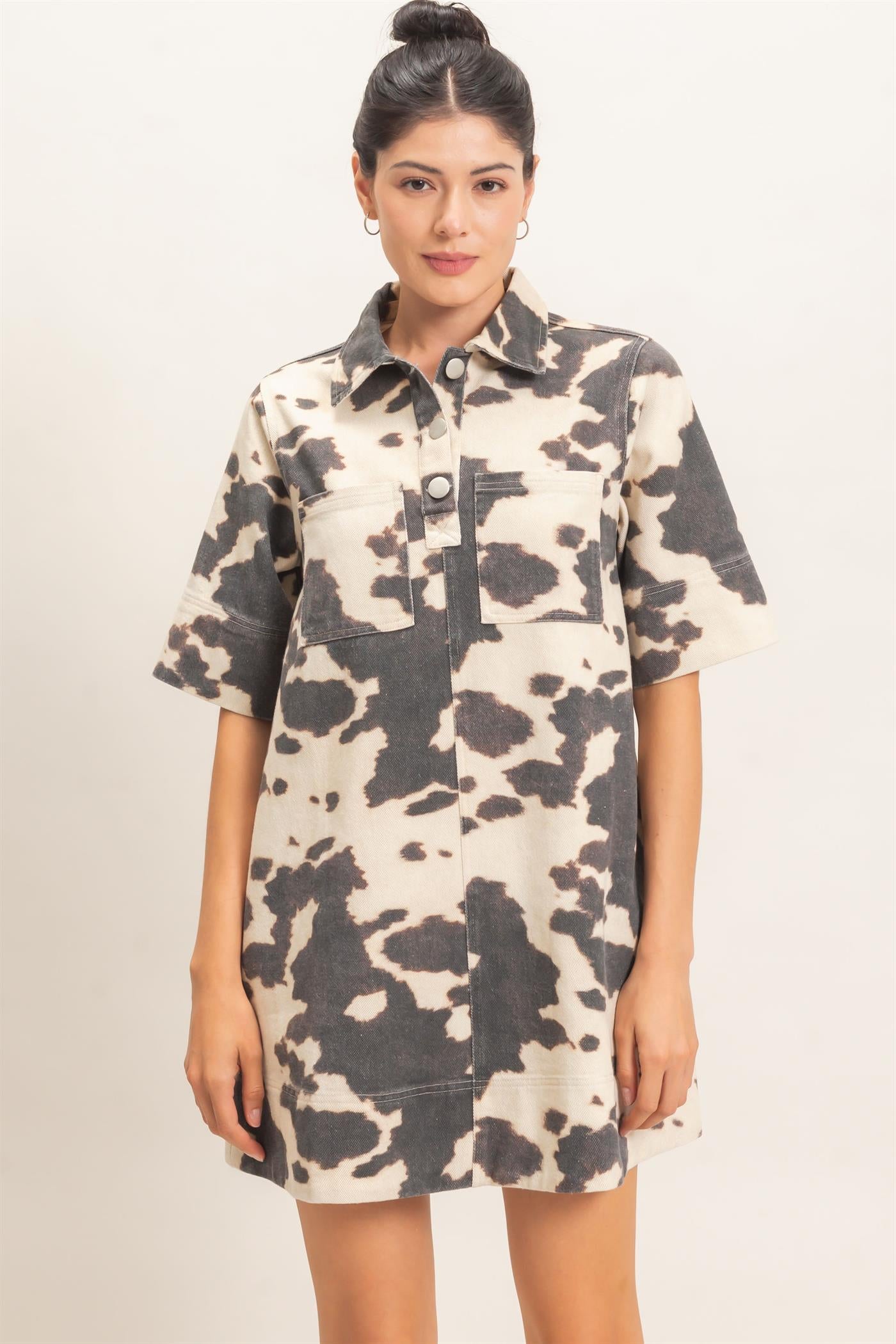 Wholesale Cow Print Short Sleeve Dress Dresses HF26E826 BLACK HYFVE