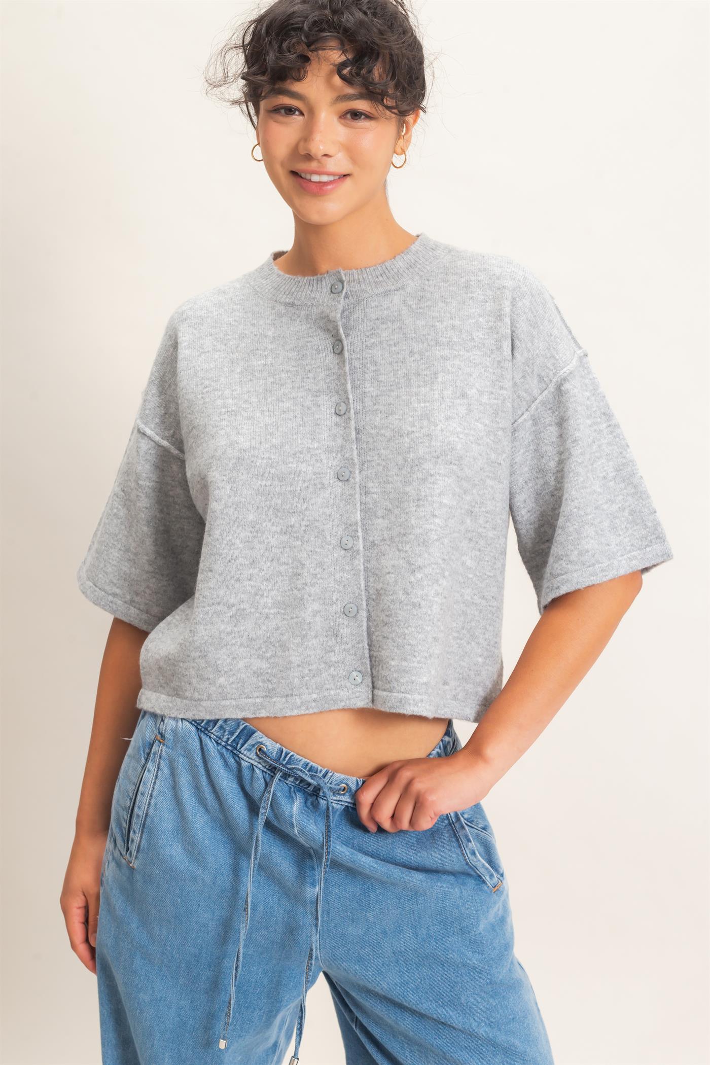 Wholesale Drop Shoulder Short Sleeve Cardigan Cardigans DZ26E238 HEATHER GRAY DOUBLE ZERO