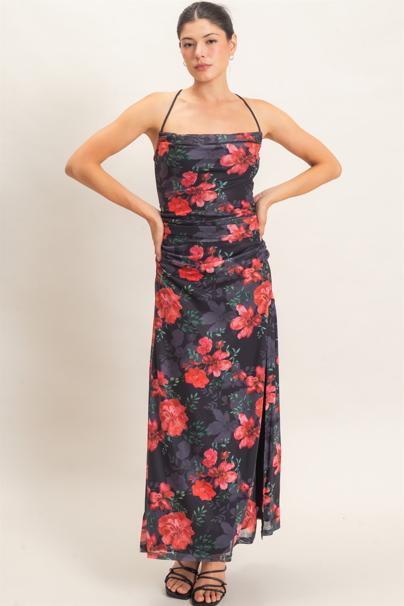 Wholesale Floral Print Spaghetti Strap Dress Dresses HF26E440 BLACK HYFVE