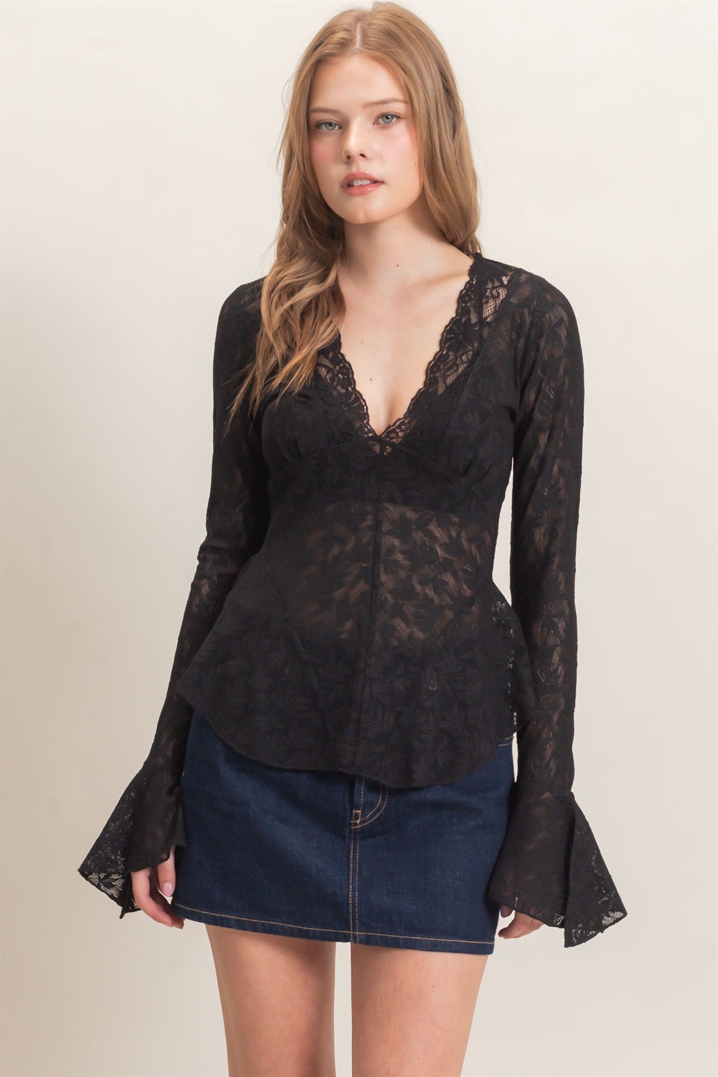 Wholesale Lace V-Neck Flare Sleeve Top Clothing Tops HF26E359 BLACK HYFVE