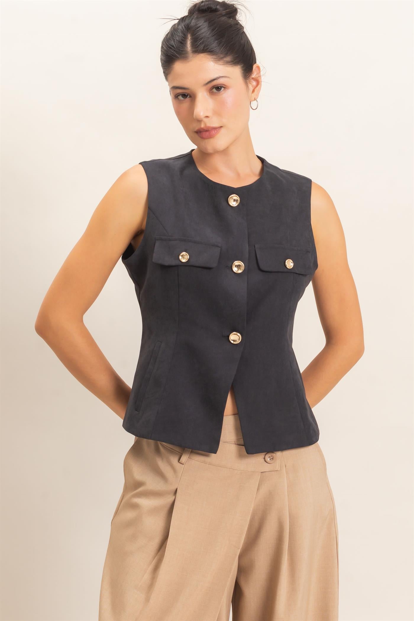 Wholesale Buttoned Sleeveless Utility Vest Vests HF26E929 BLACK HYFVE