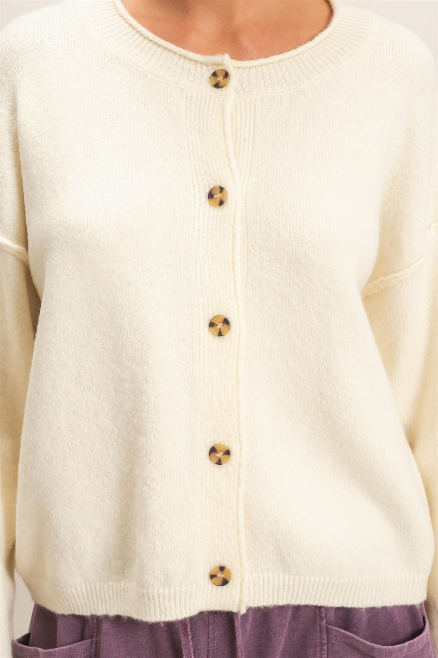 Wholesale Crew Neck Loose Fit Cardigan Cardigans DZ26E269 CREAM DOUBLE ZERO